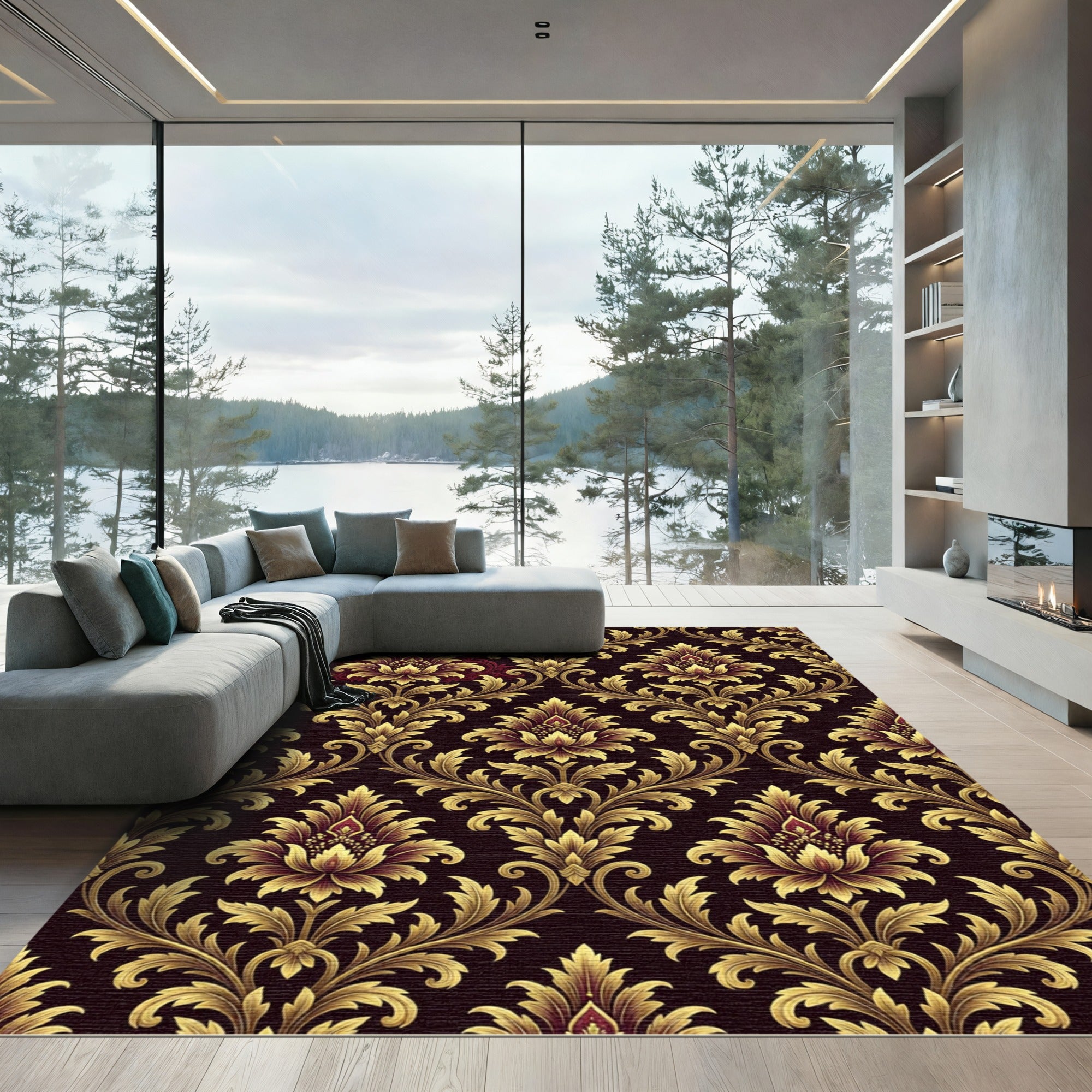 Regal Gold Crimson Damask Scrolling Rug