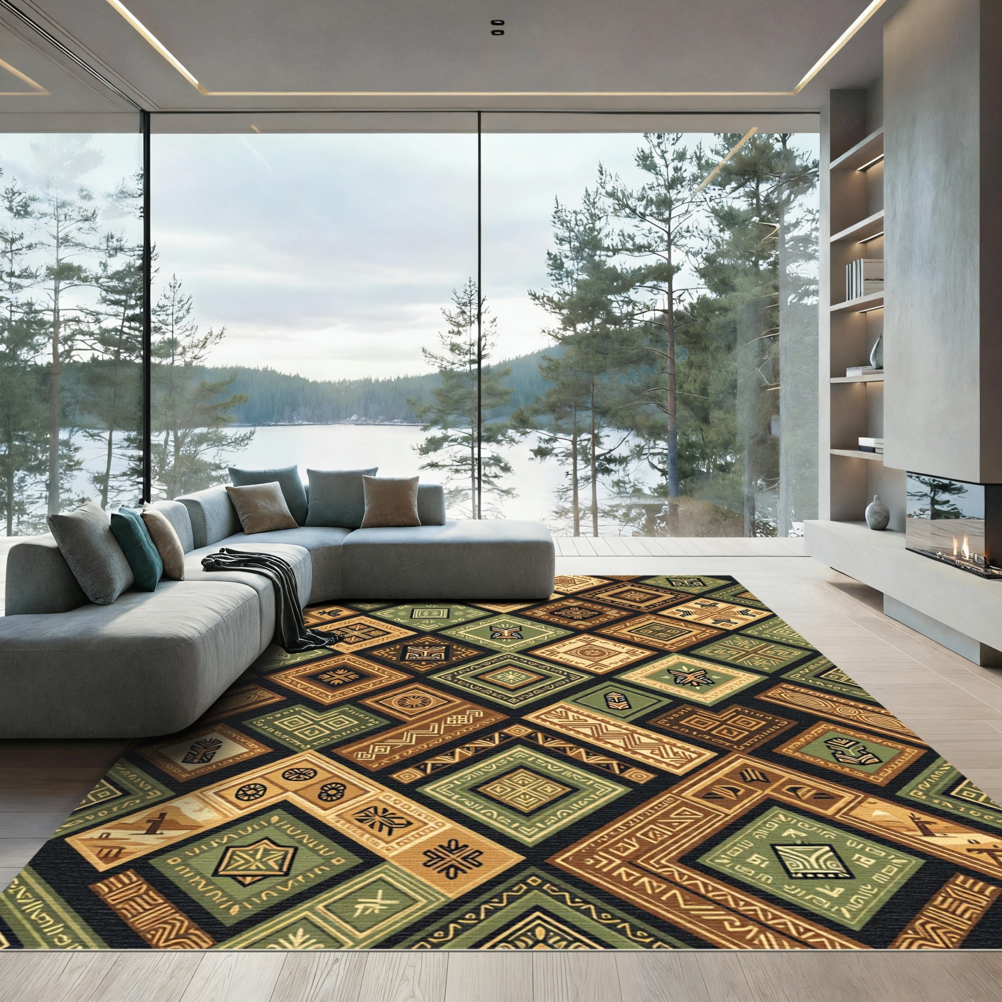 Earthy Olive Geometric Aztec Diamond Rug