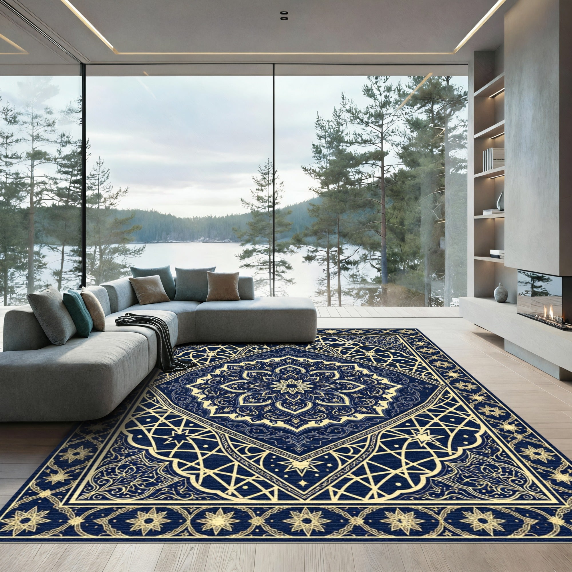 Intricate Navy Blue Celestial Star Mandala Rug