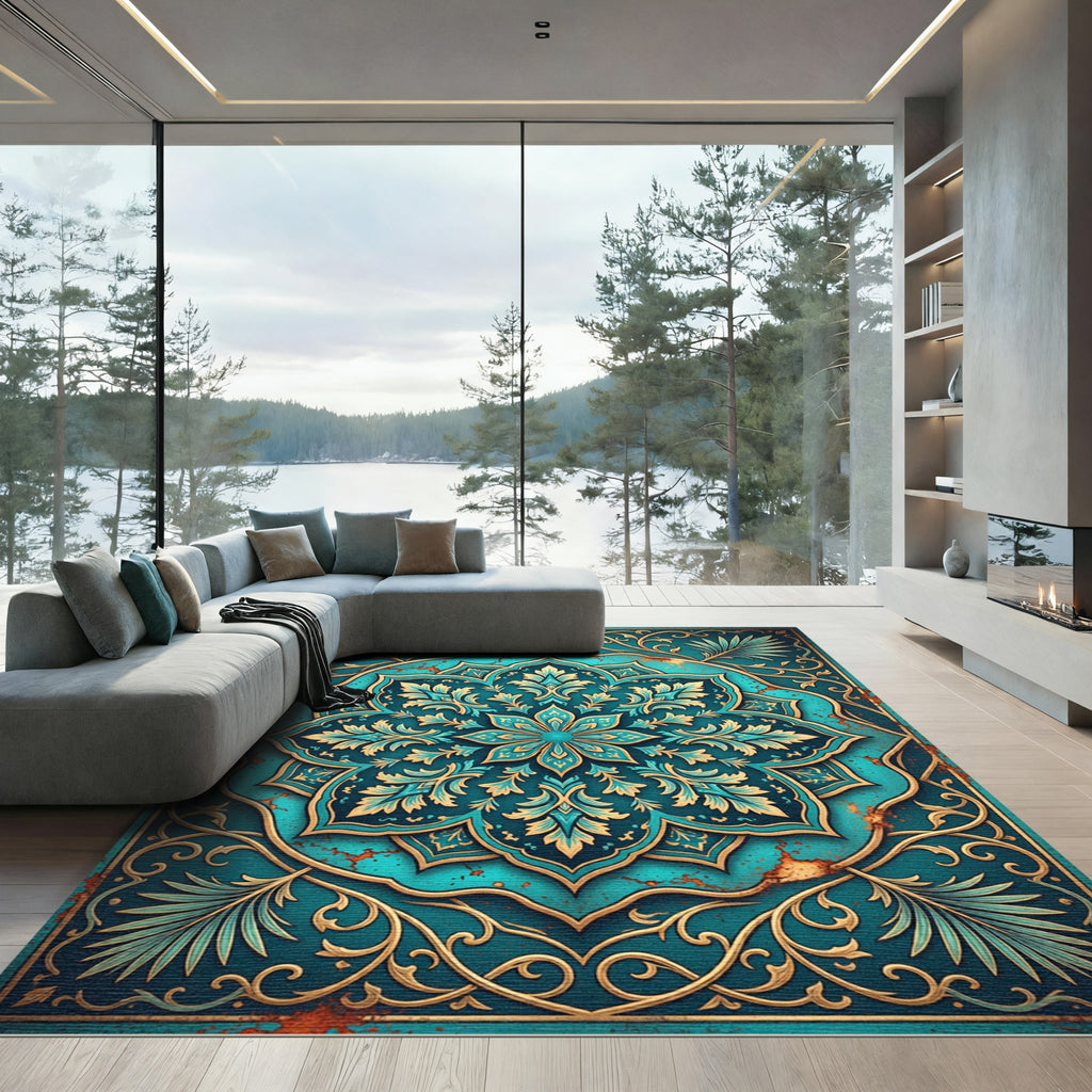 Teal Floral Medallion with Ornate Filigree Rug