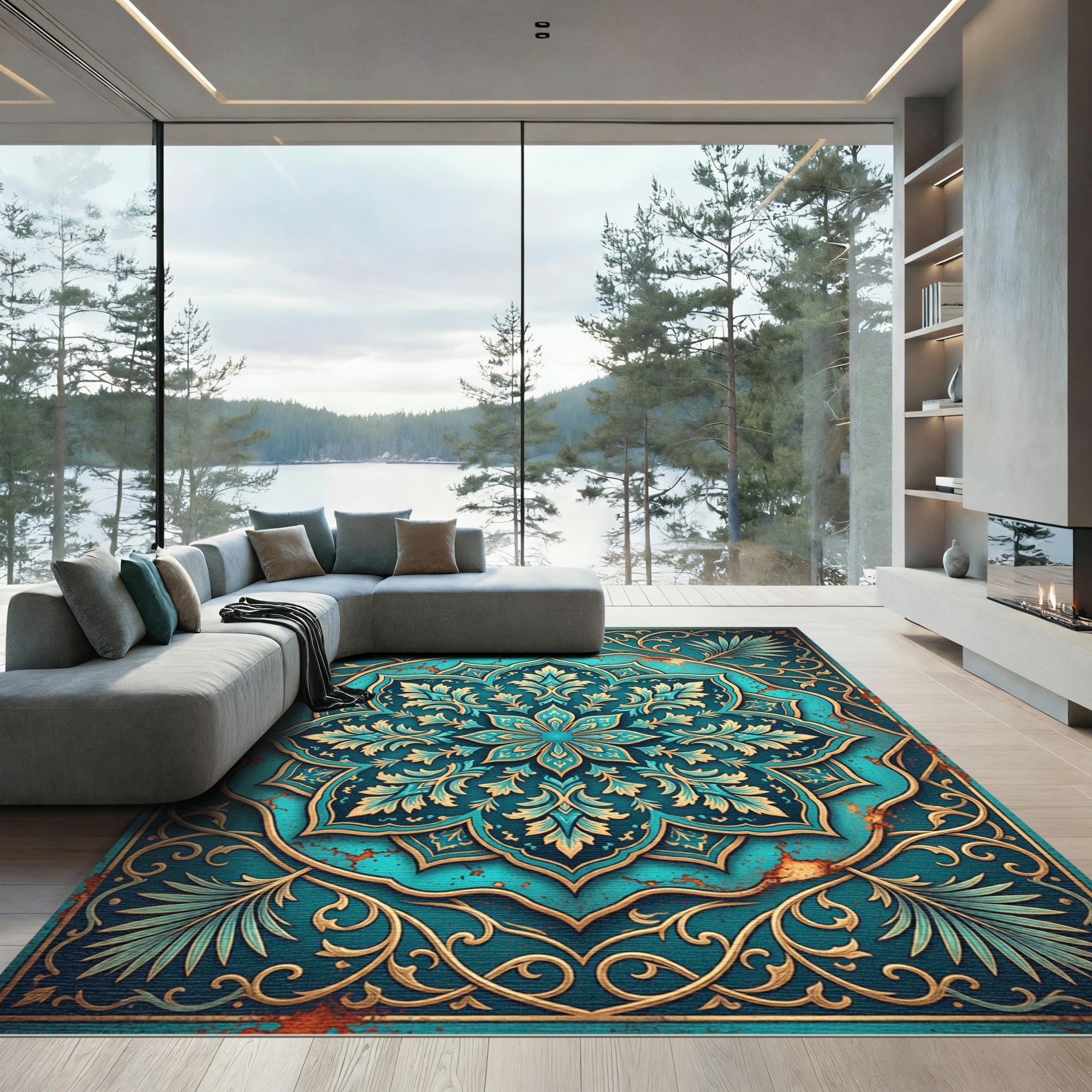 Teal Floral Medallion with Ornate Filigree Rug