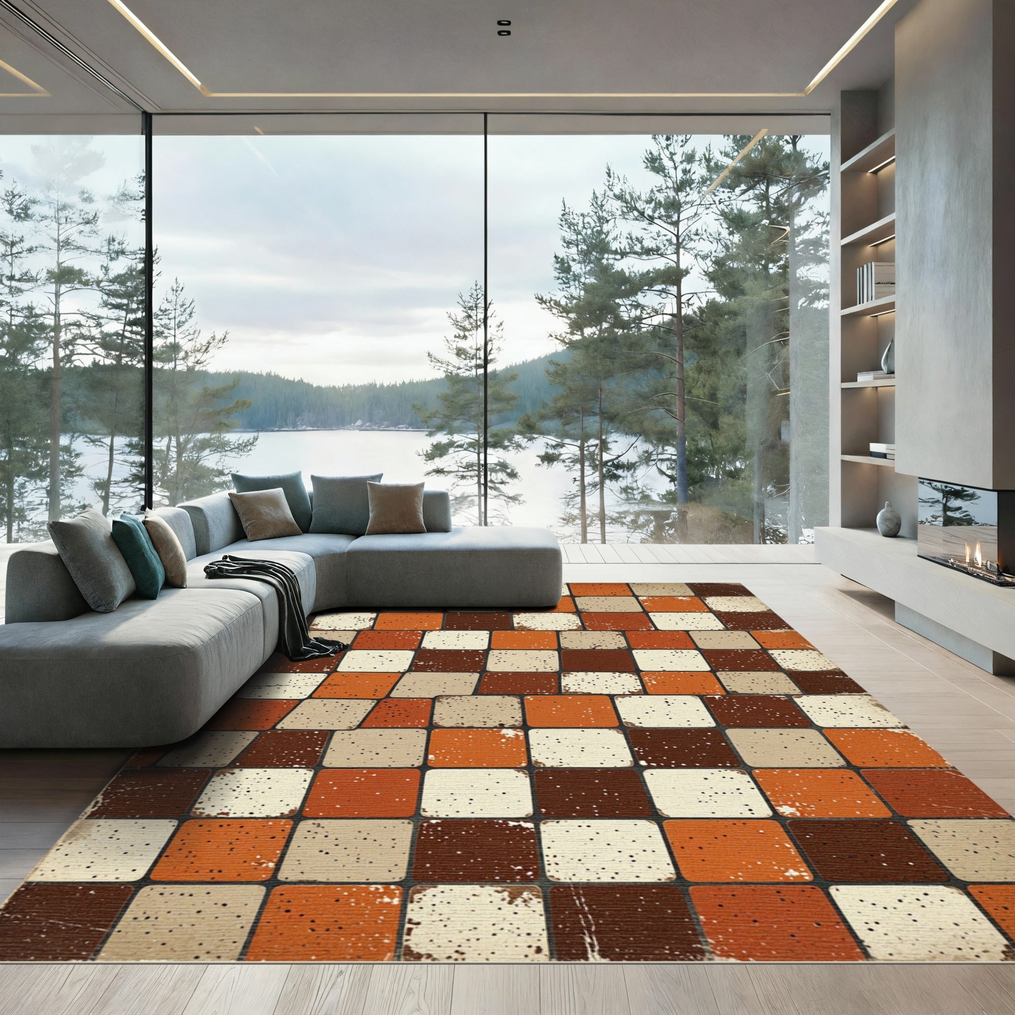 Retro Earth Tone Speckled Square Tile Rug