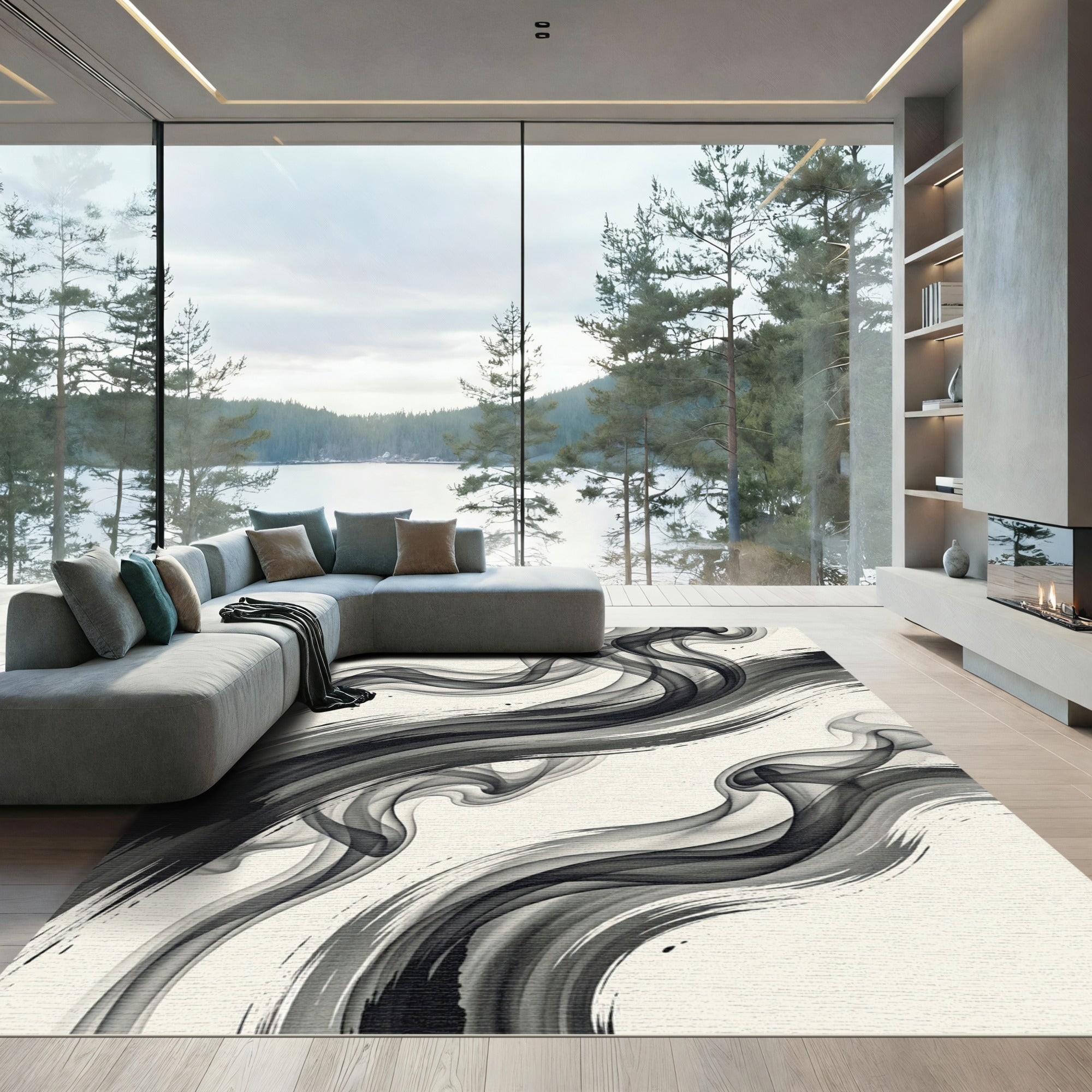 Monochrome Ink Swirl Brushstroke Rug