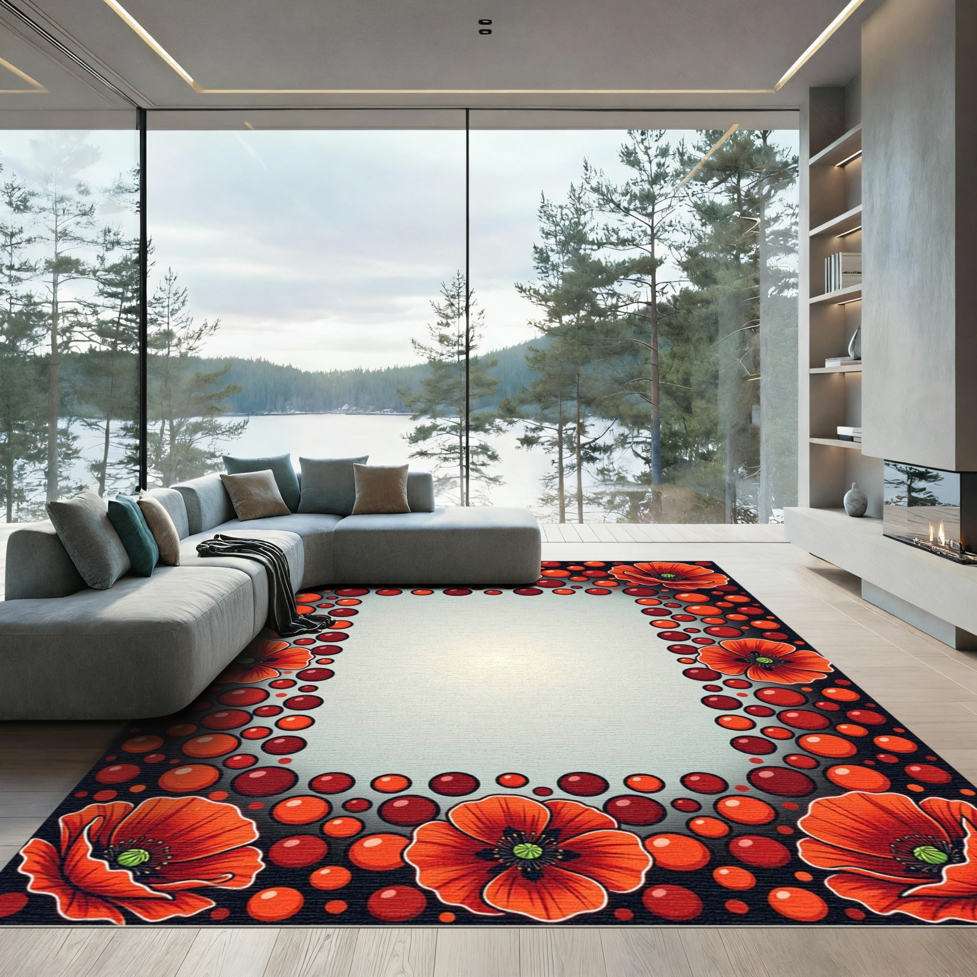 Vibrant Red Poppy Floral Border Rug