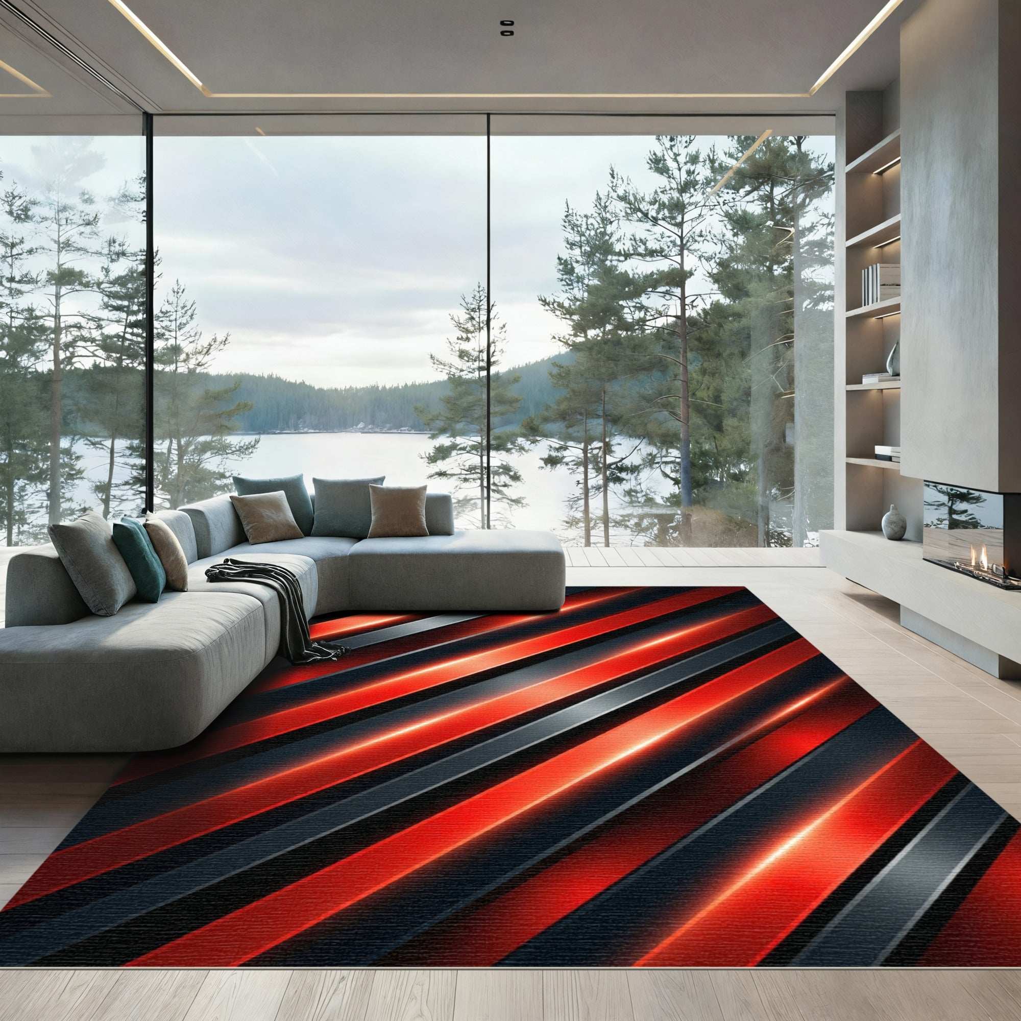 Fiery Red Gray Diagonal Stripe Rug