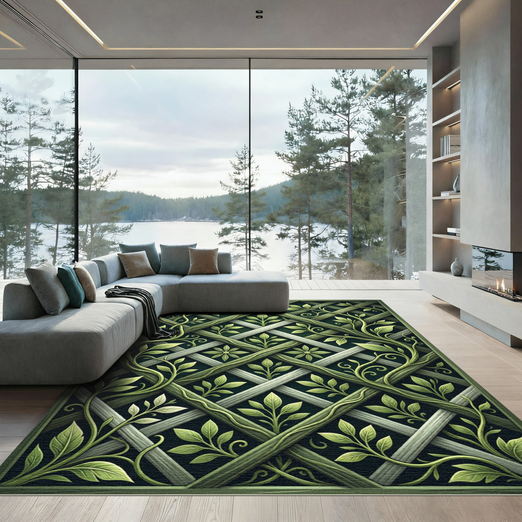 Sage Green Botanical Trellis Lattice Rug