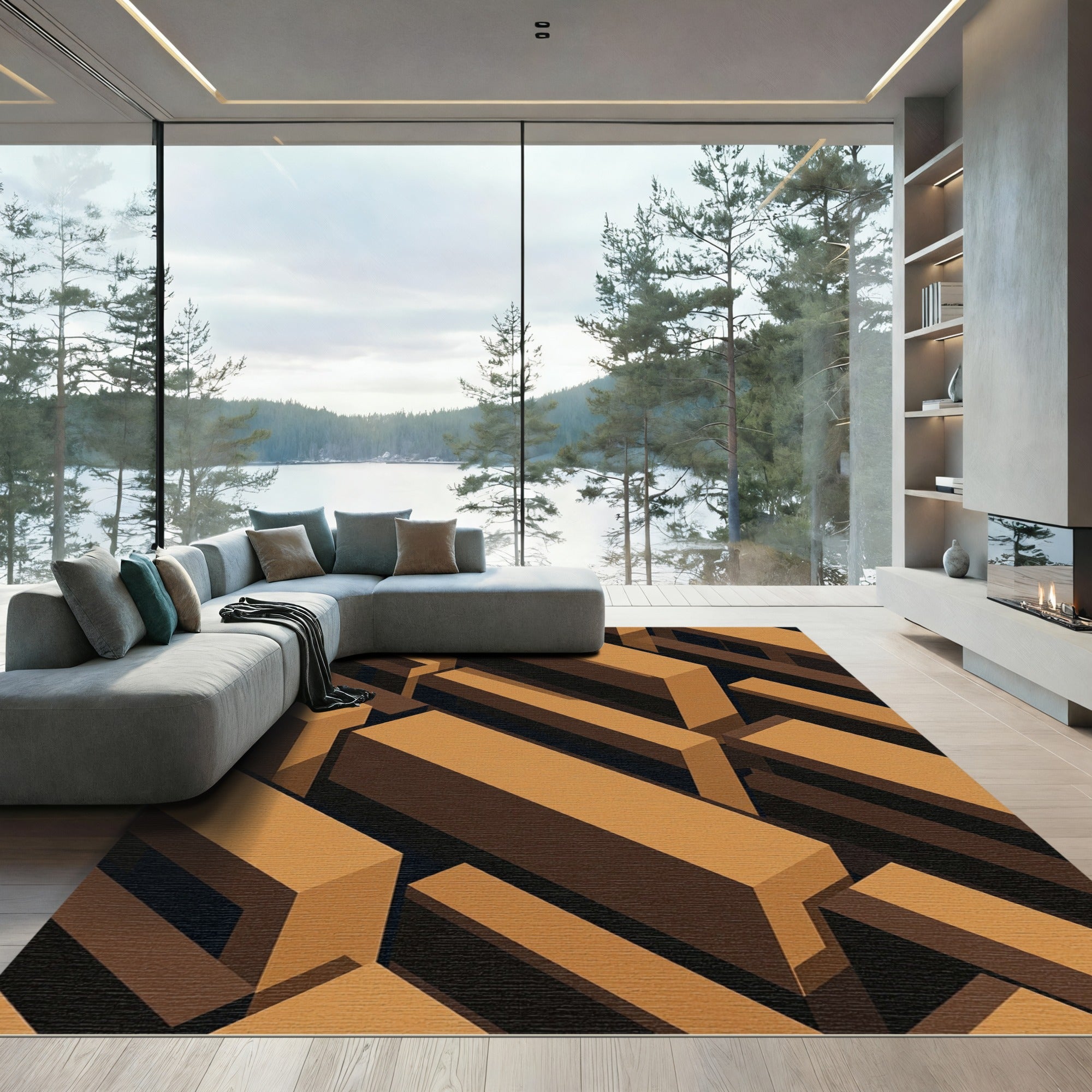 Modern Isometric Golden Brown Block Rug