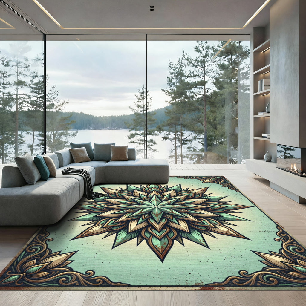 Vintage Teal and Bronze Star Mandala Rug