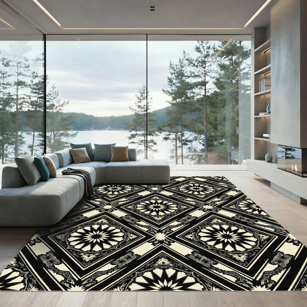 Monochrome Geometric Star Diamond Tile Rug