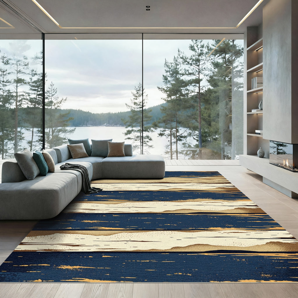 Navy and Gold Abstract Sand Texture Rug