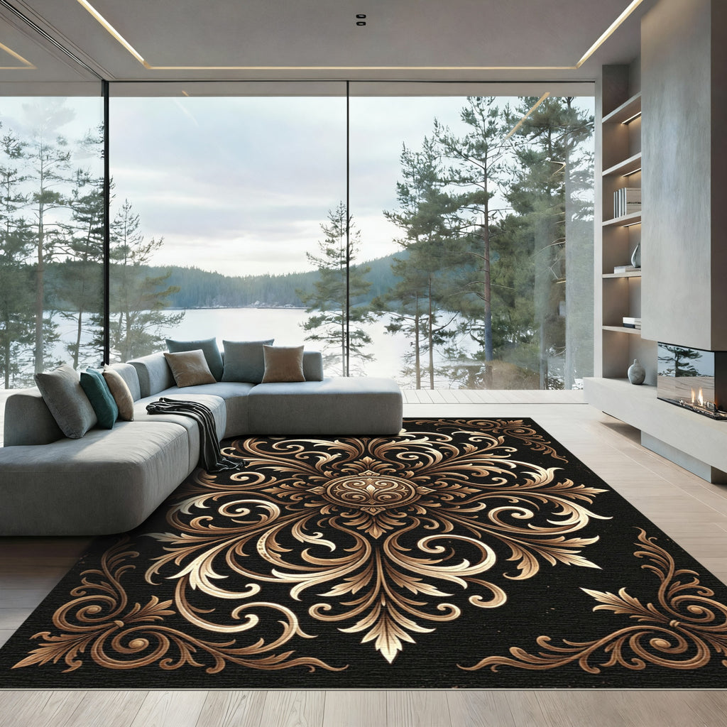Elegant Gold Scrollwork Damask Medallion Rug