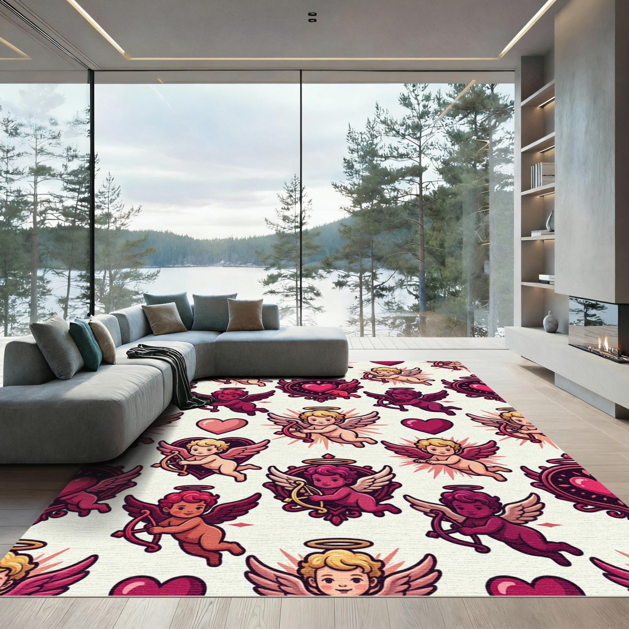 Whimsical Cherub Hearts Winged Figures Rug