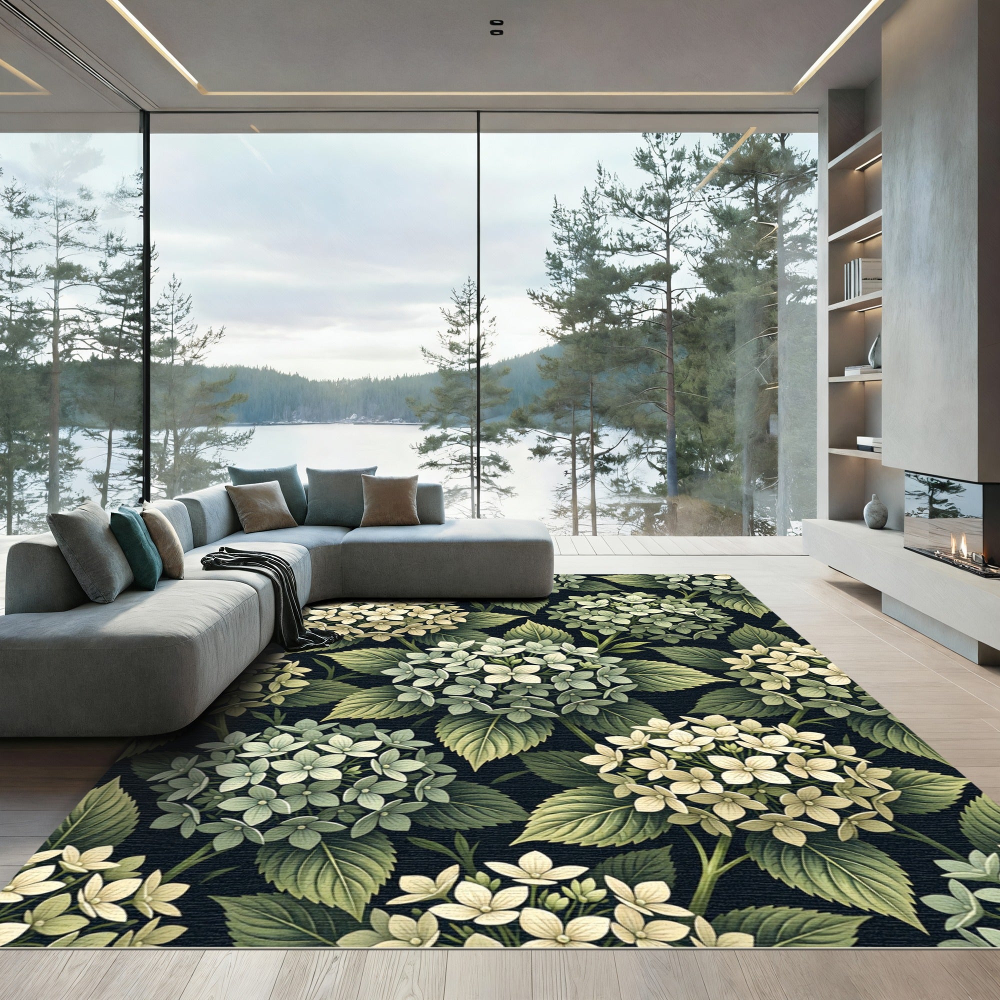 Botanical Hydrangea Floral Cream Sage Rug