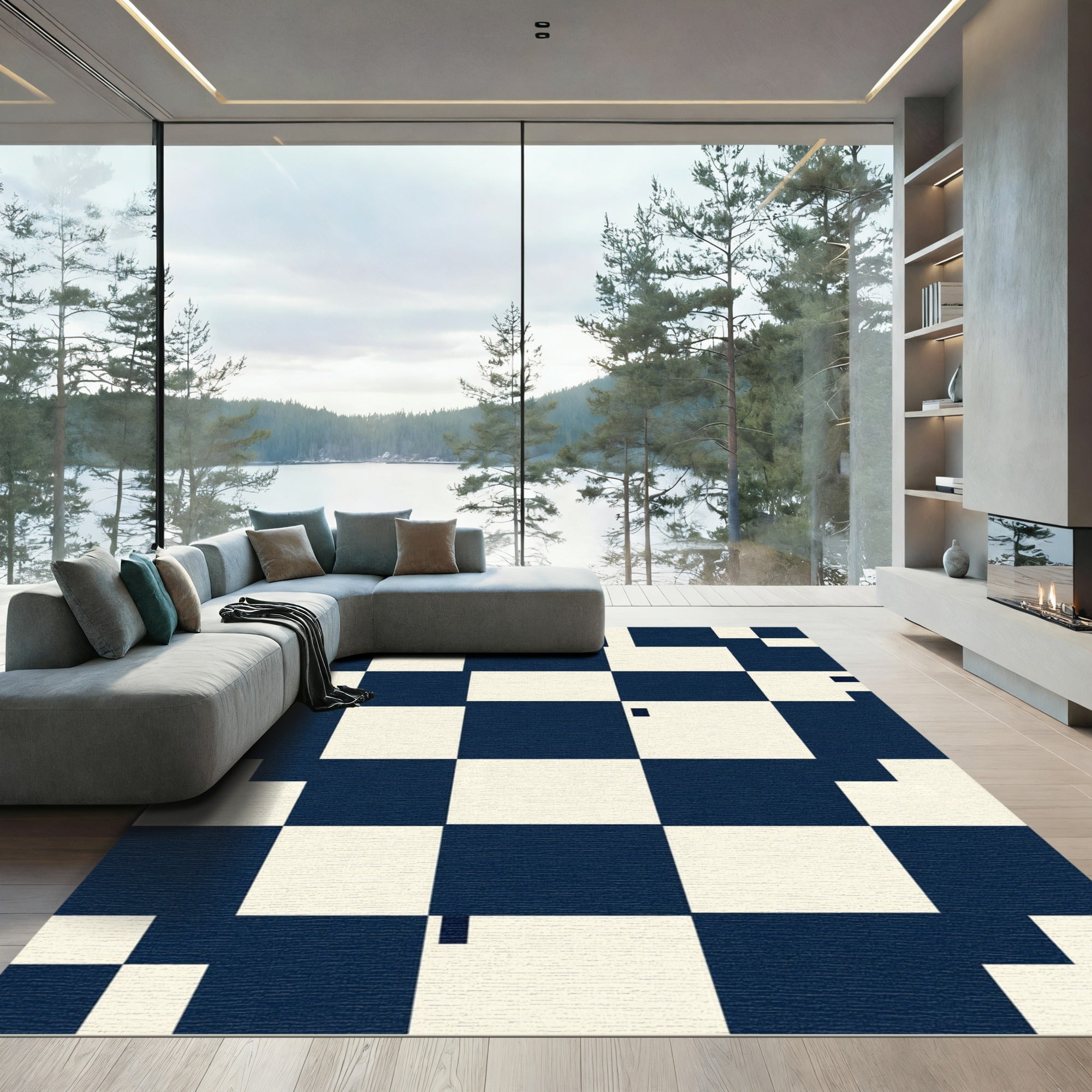 Minimalist Navy and Cream Grid Rug