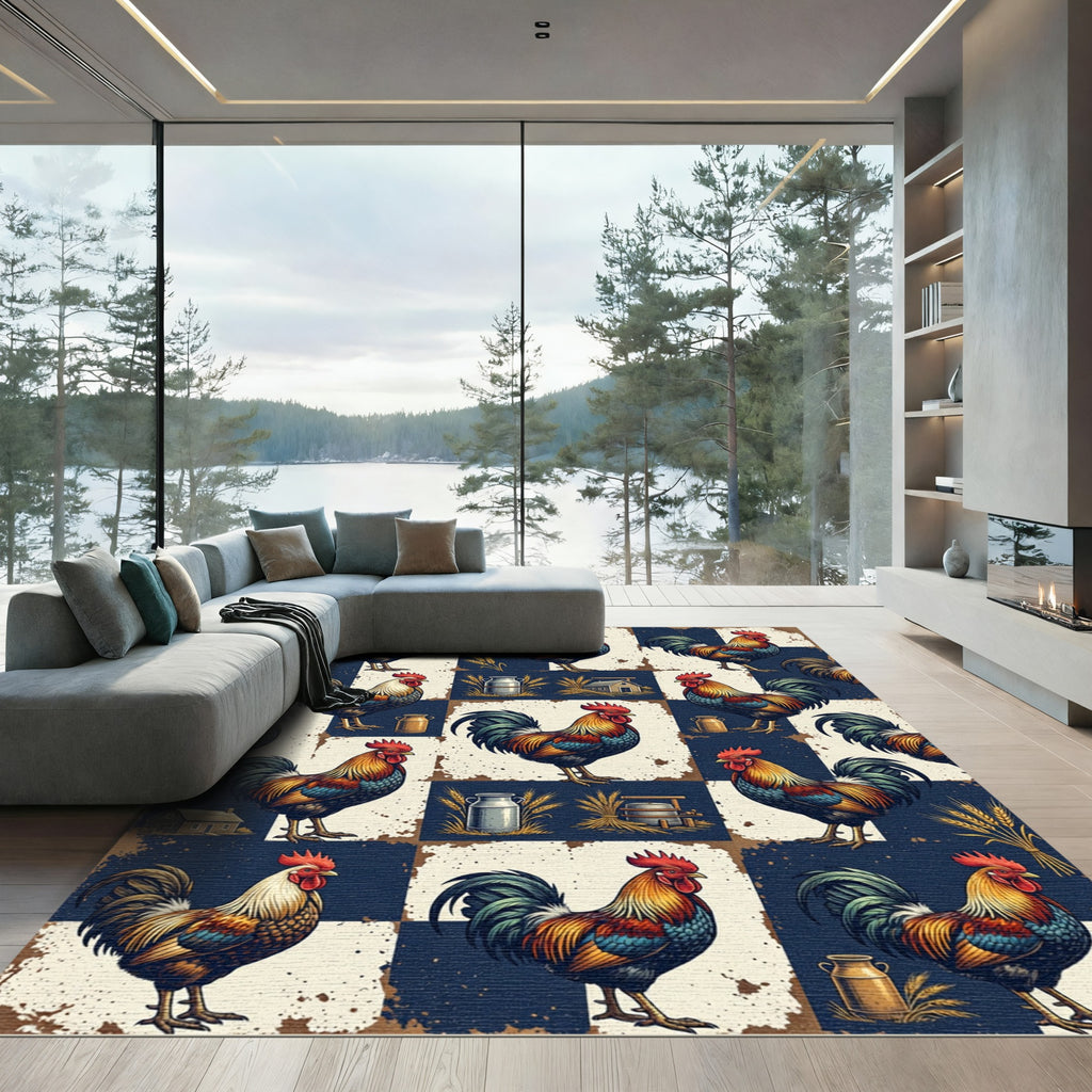 Rustic Rooster Farmhouse Navy Check Rug