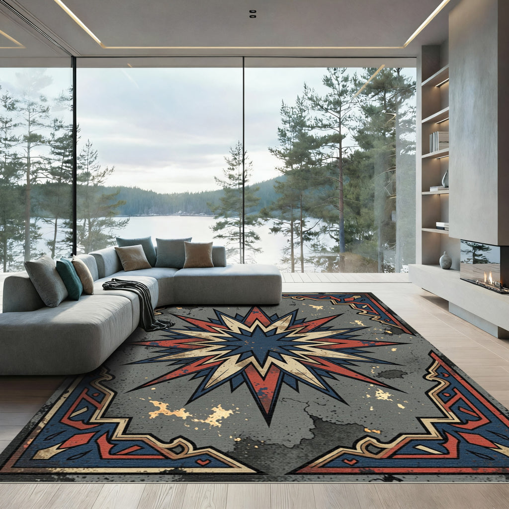 Distressed Midnight Star Geometric Emblem Rug