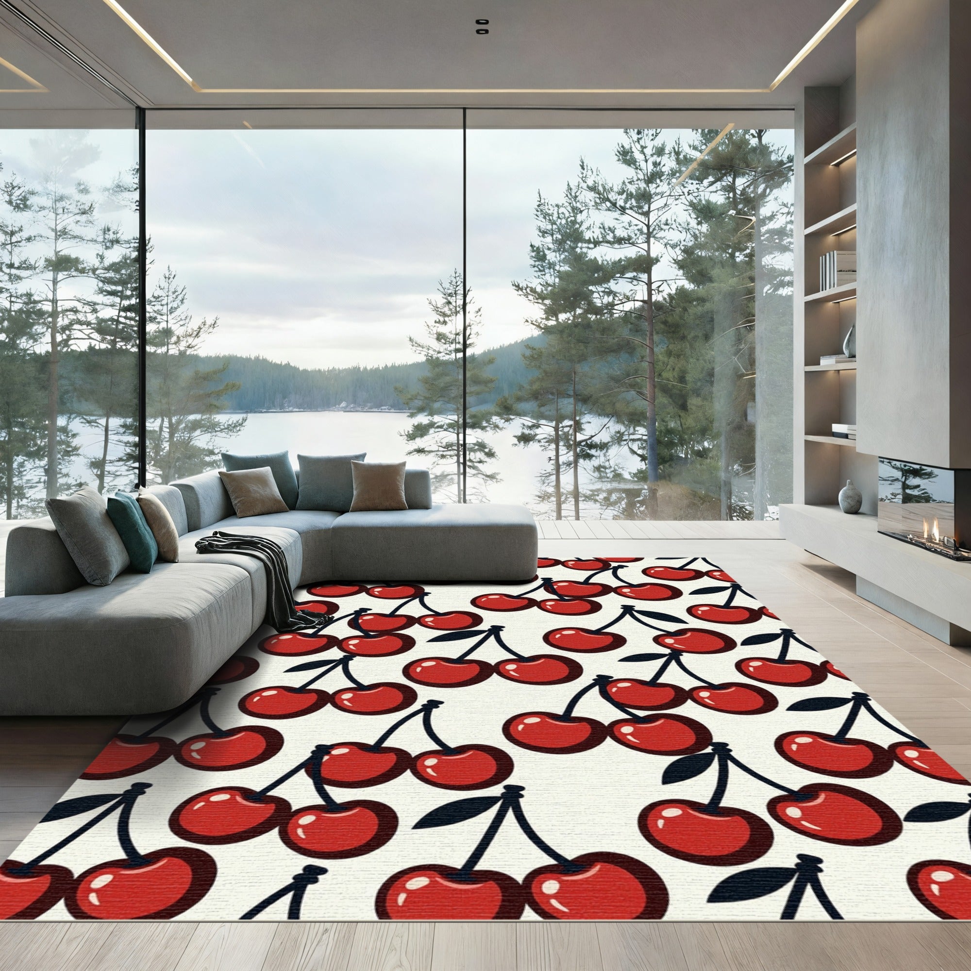 Retro Vibrant Red Cherry Illustration Rug