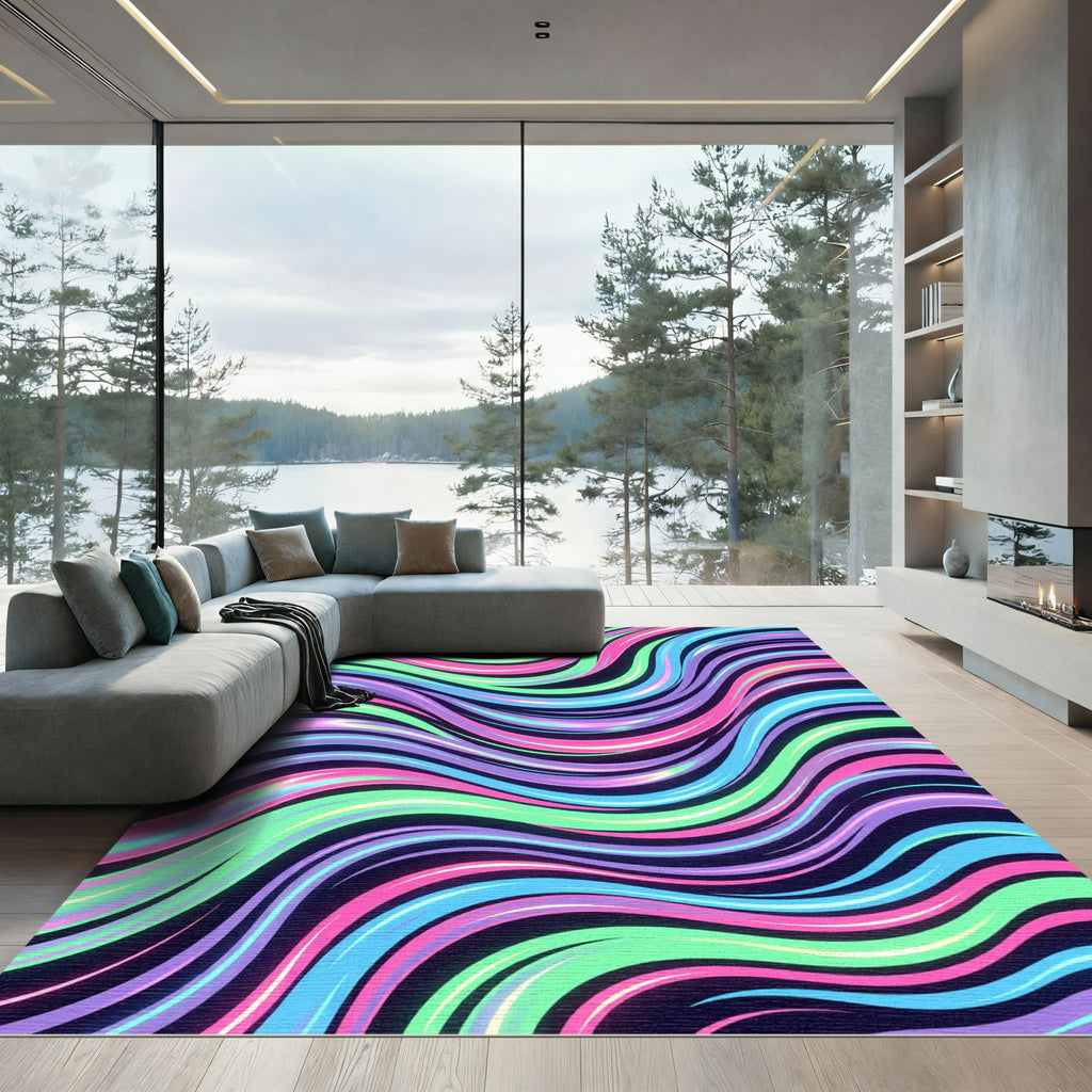 Vibrant Neon Abstract Iridescent Wave Rug