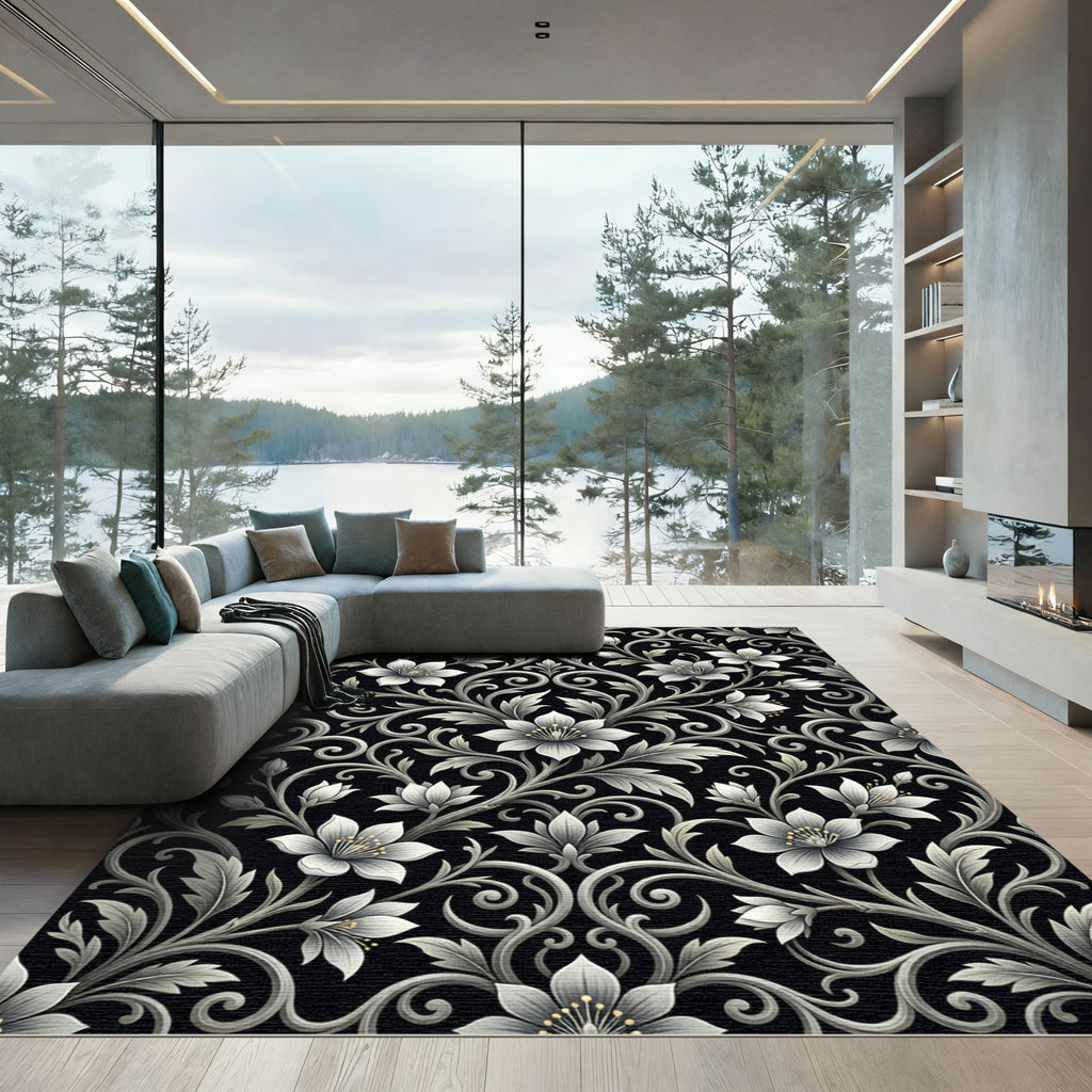 Elegant Black White Floral Scroll Rug