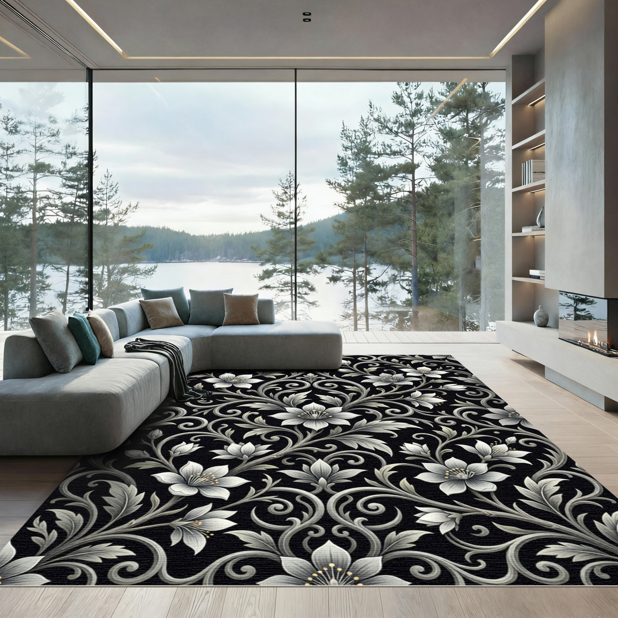 Elegant Black White Floral Scroll Rug