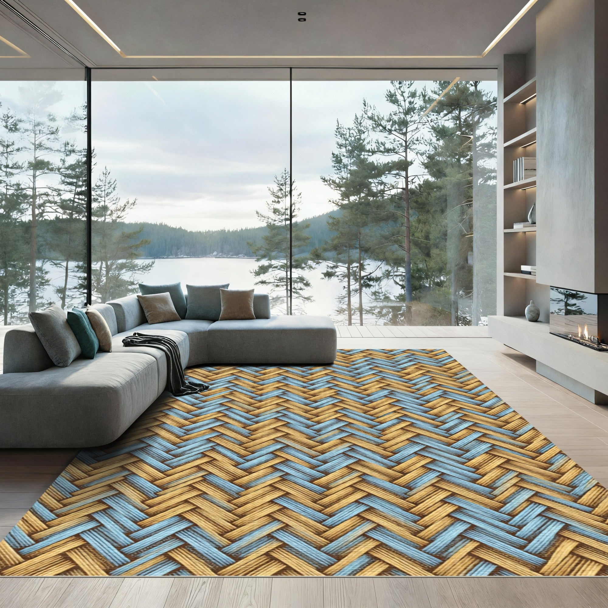 Tan Blue Herringbone Woven Rug