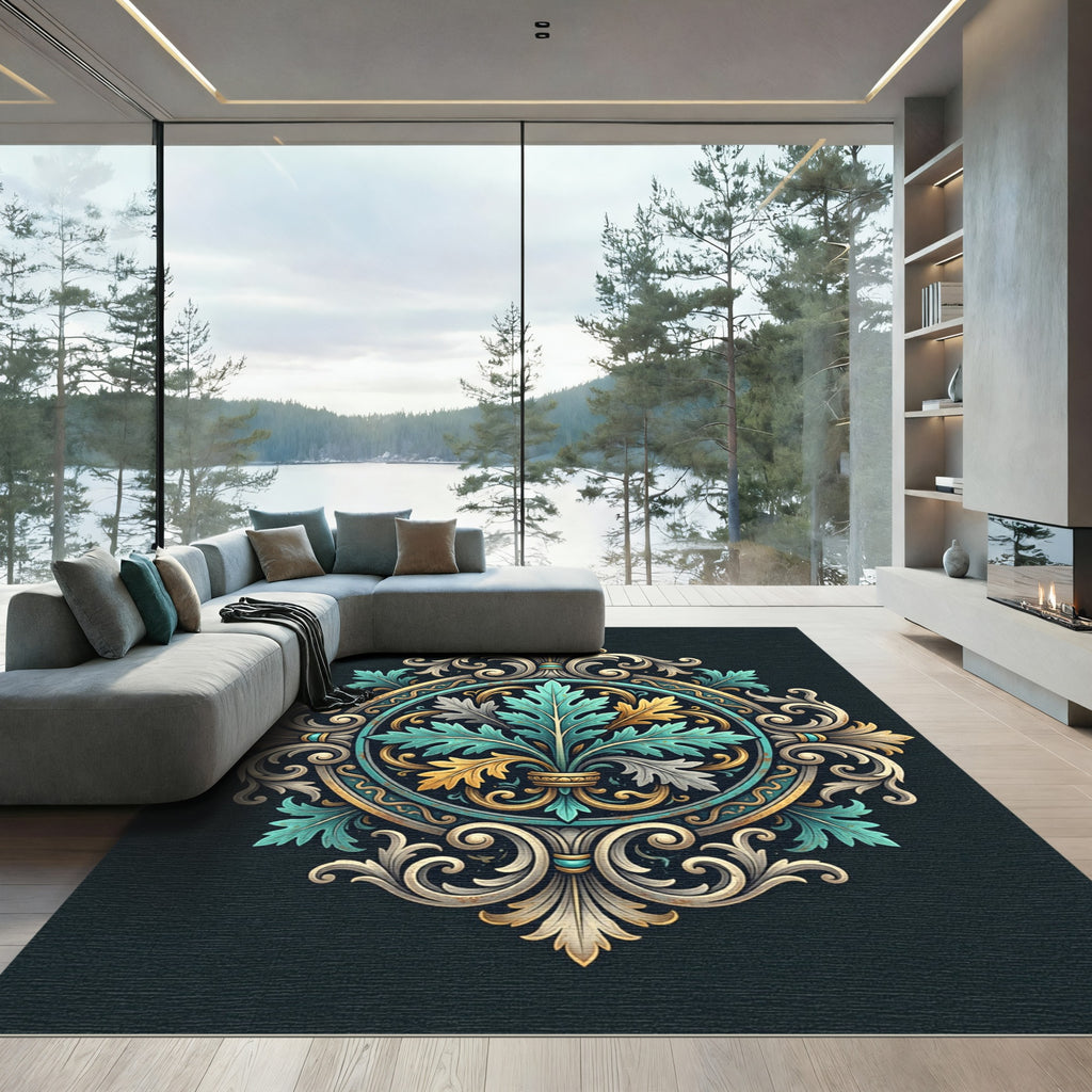 Ornate Teal Gold Acanthus Medallion Rug