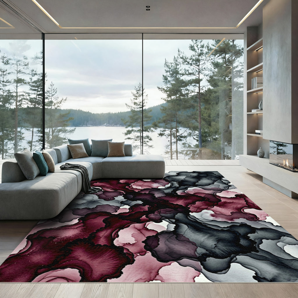 Dark Plum and Charcoal Abstract Ink Wash Rug