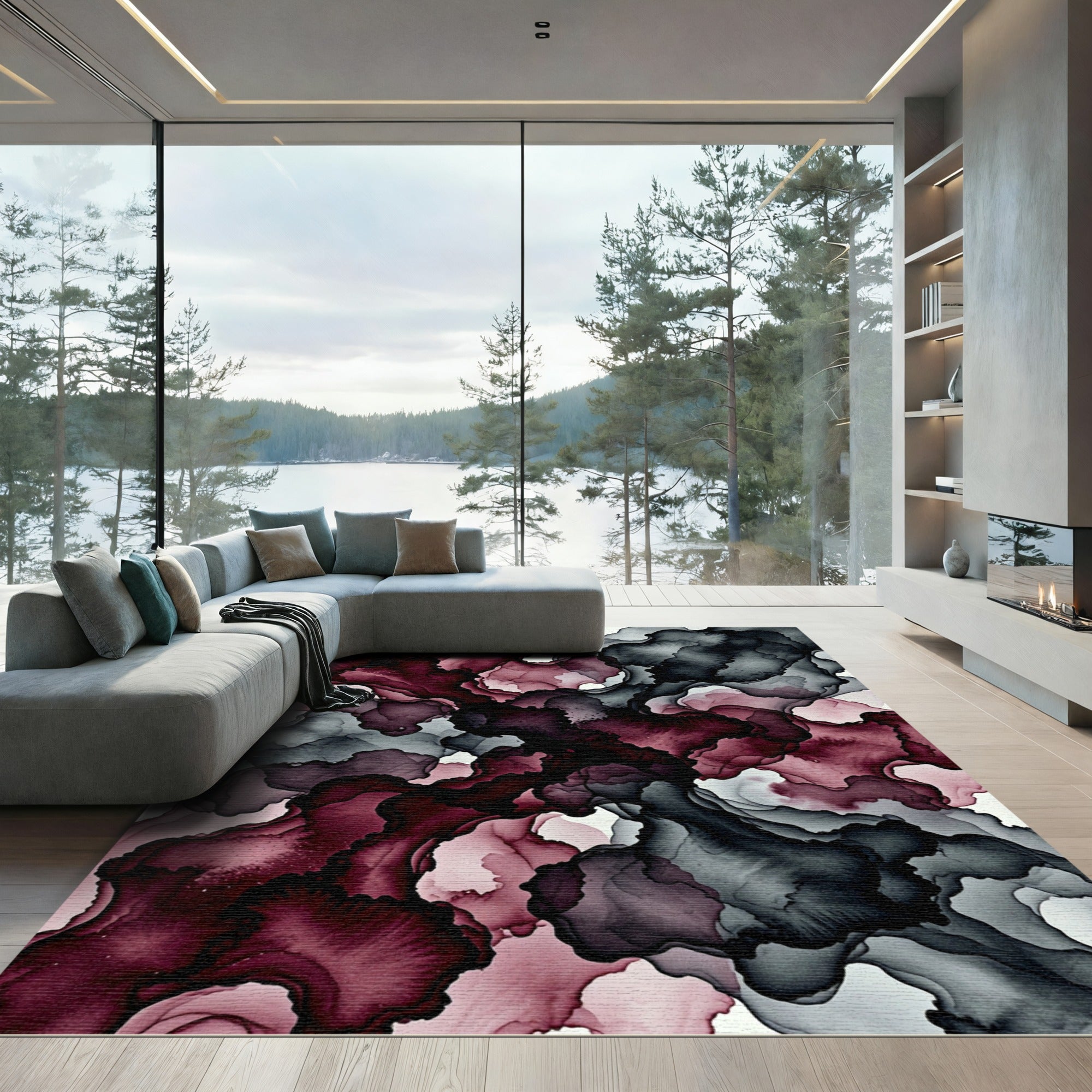 Dark Plum and Charcoal Abstract Ink Wash Rug