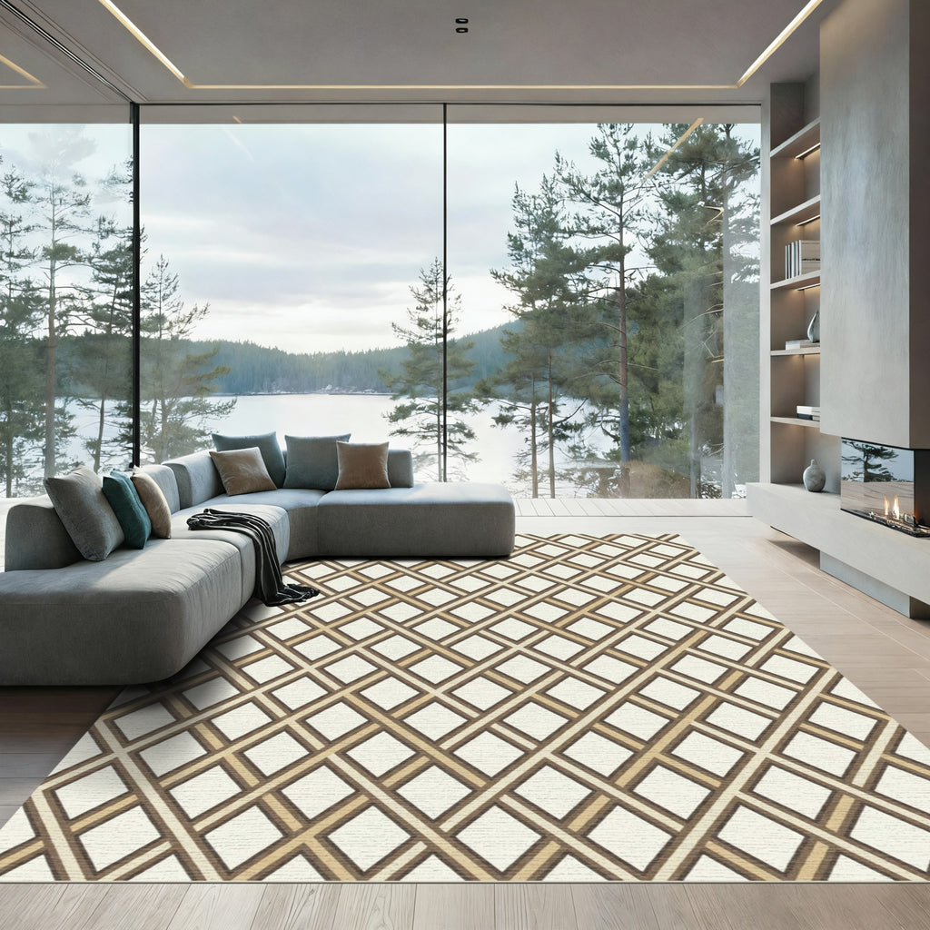 Cream Tan Interlocking Lattice Rhombus Rug