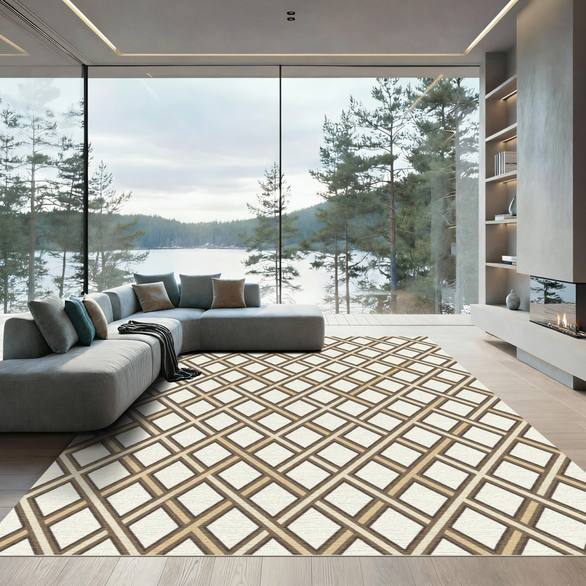 Cream Tan Interlocking Lattice Rhombus Rug