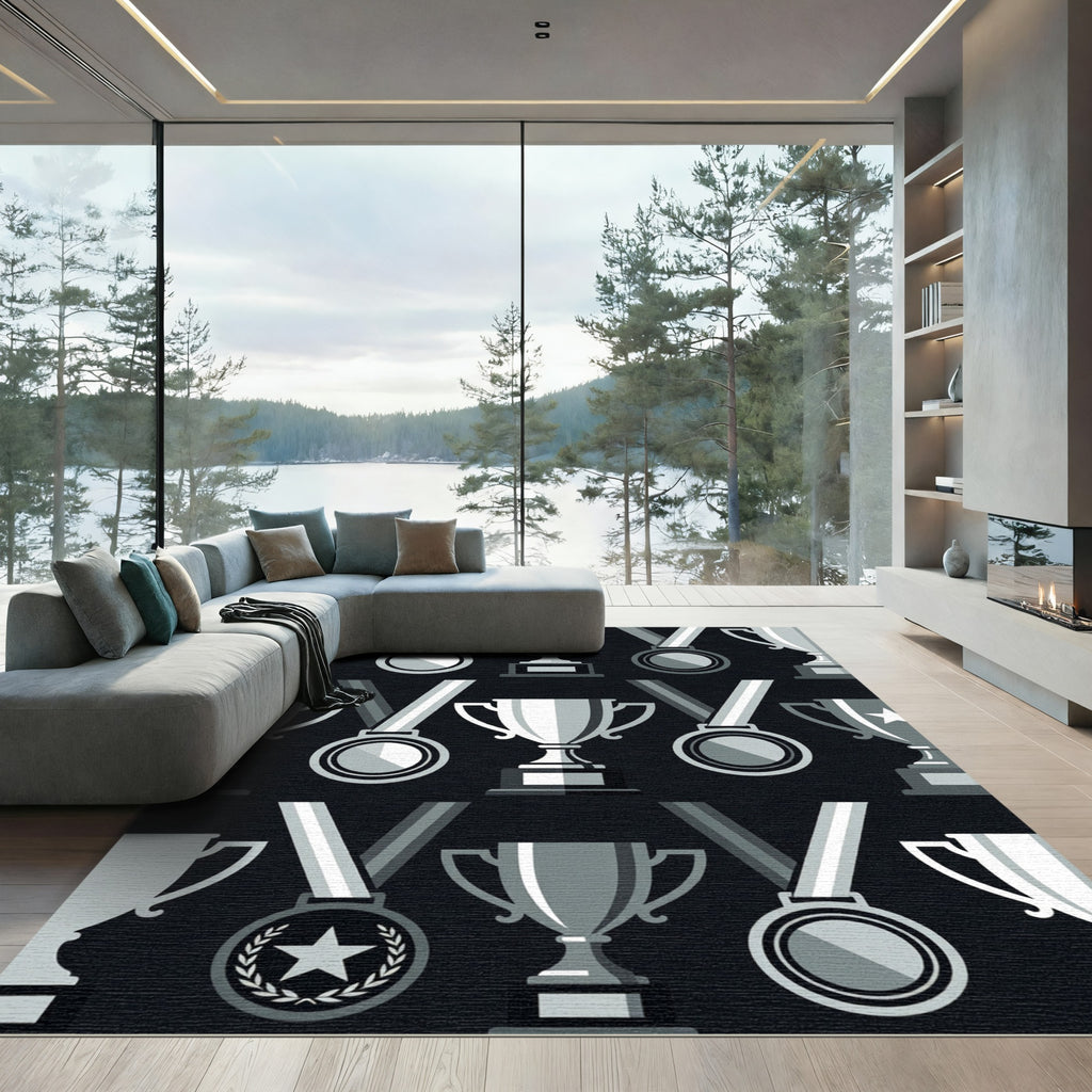 Monochrome Silver Trophy and Medal Grid Rug