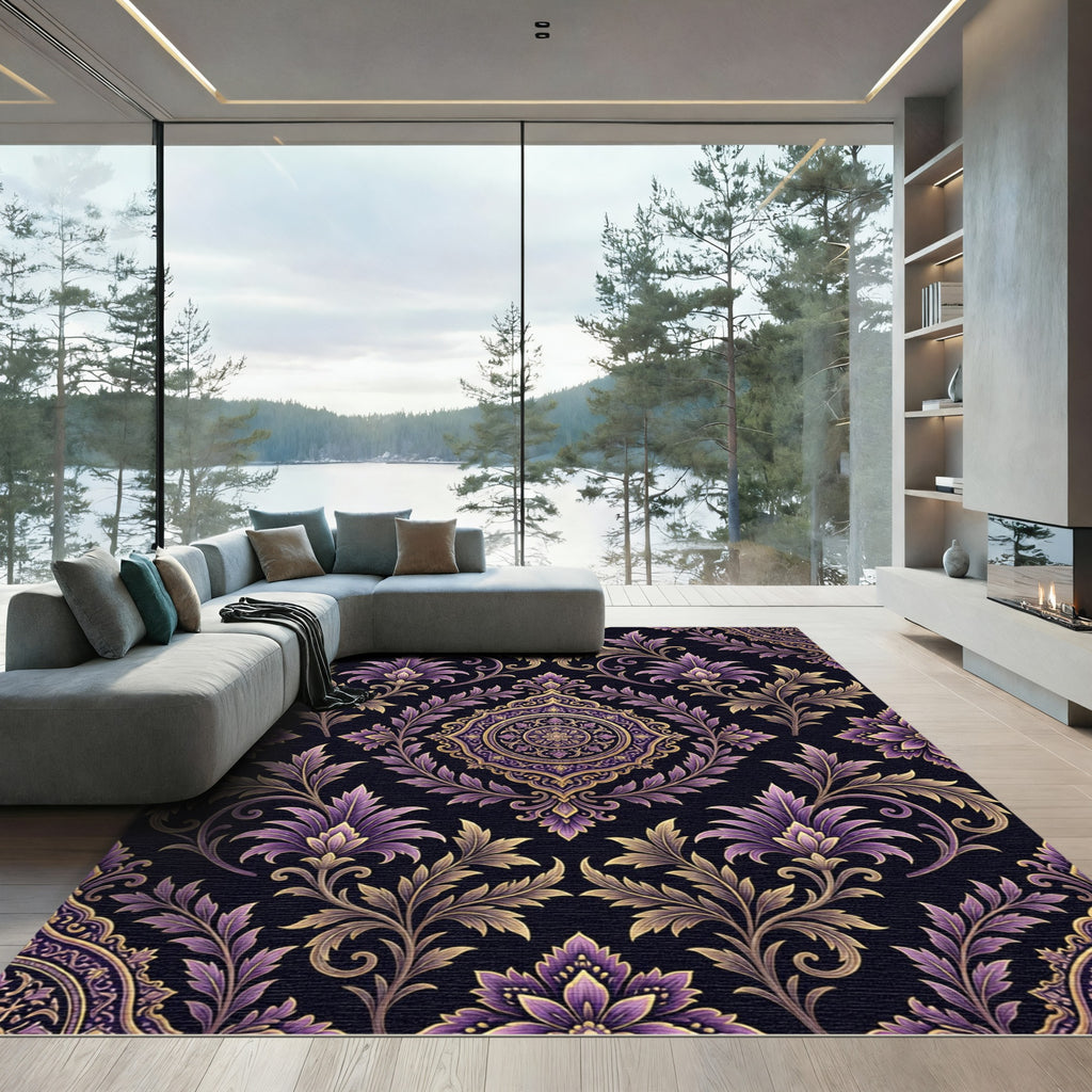 Opulent Purple Gold Ornate Damask Rug