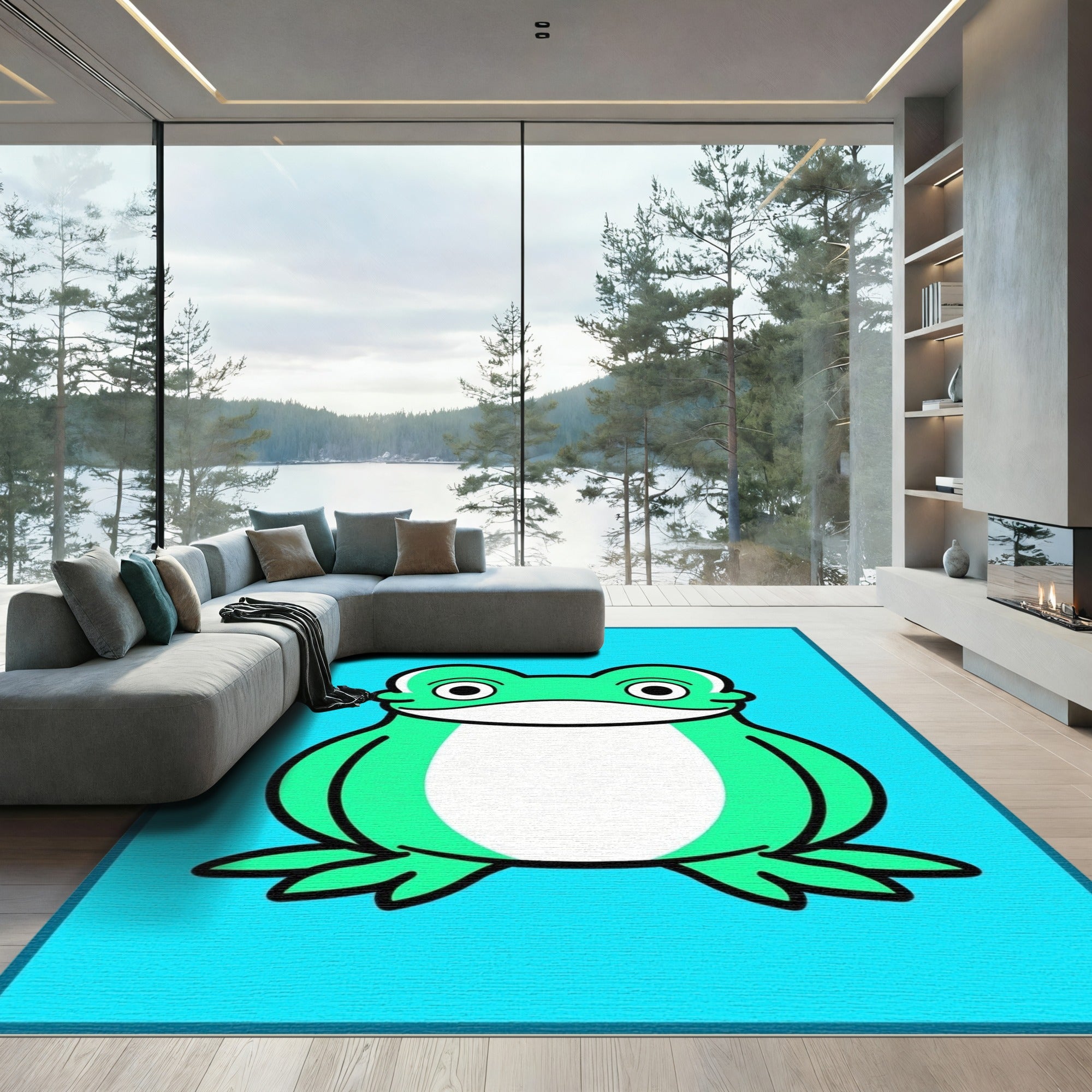 Cute Green Frog Character Illustration Rug