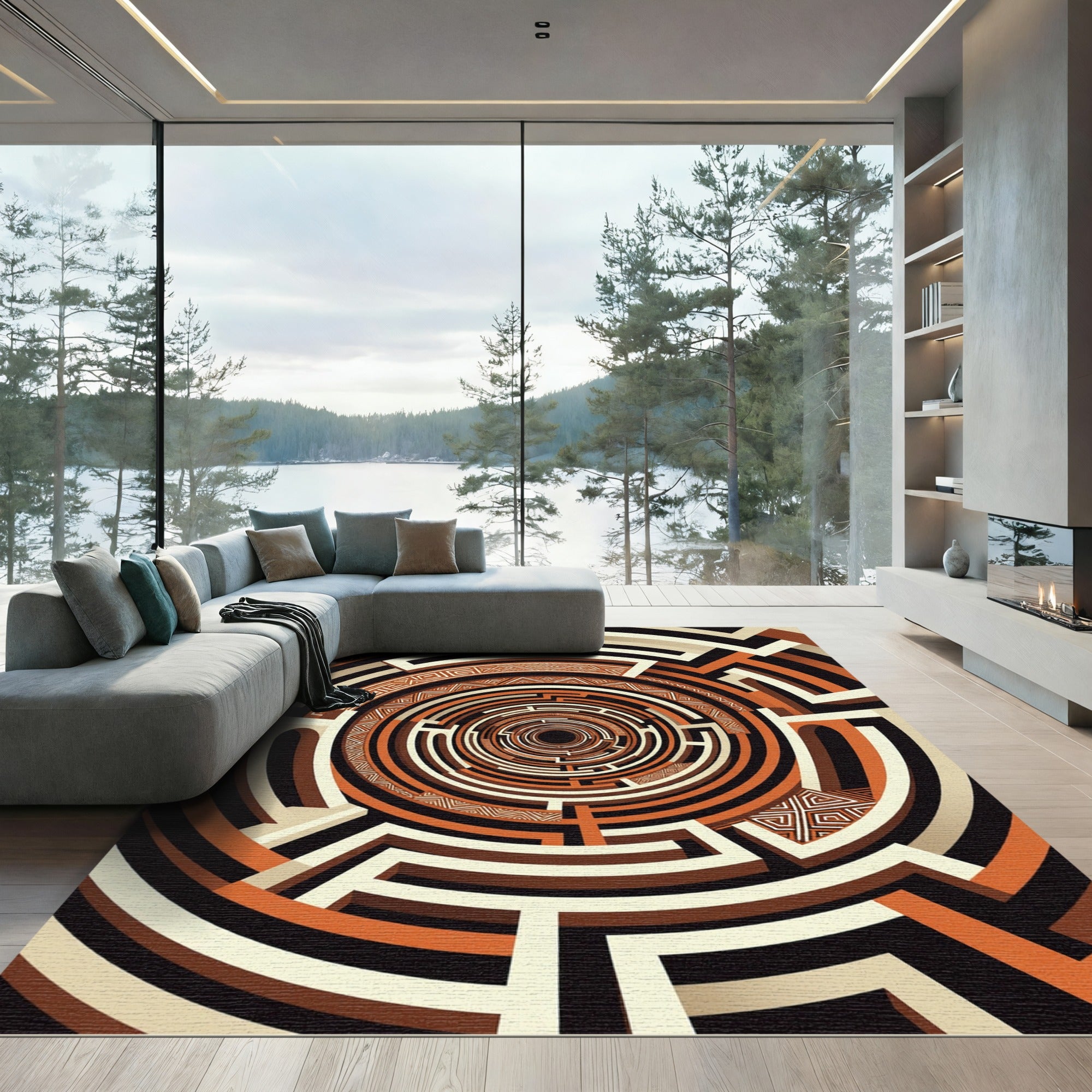 Earthy Terracotta Circular Labyrinth Abstract Rug