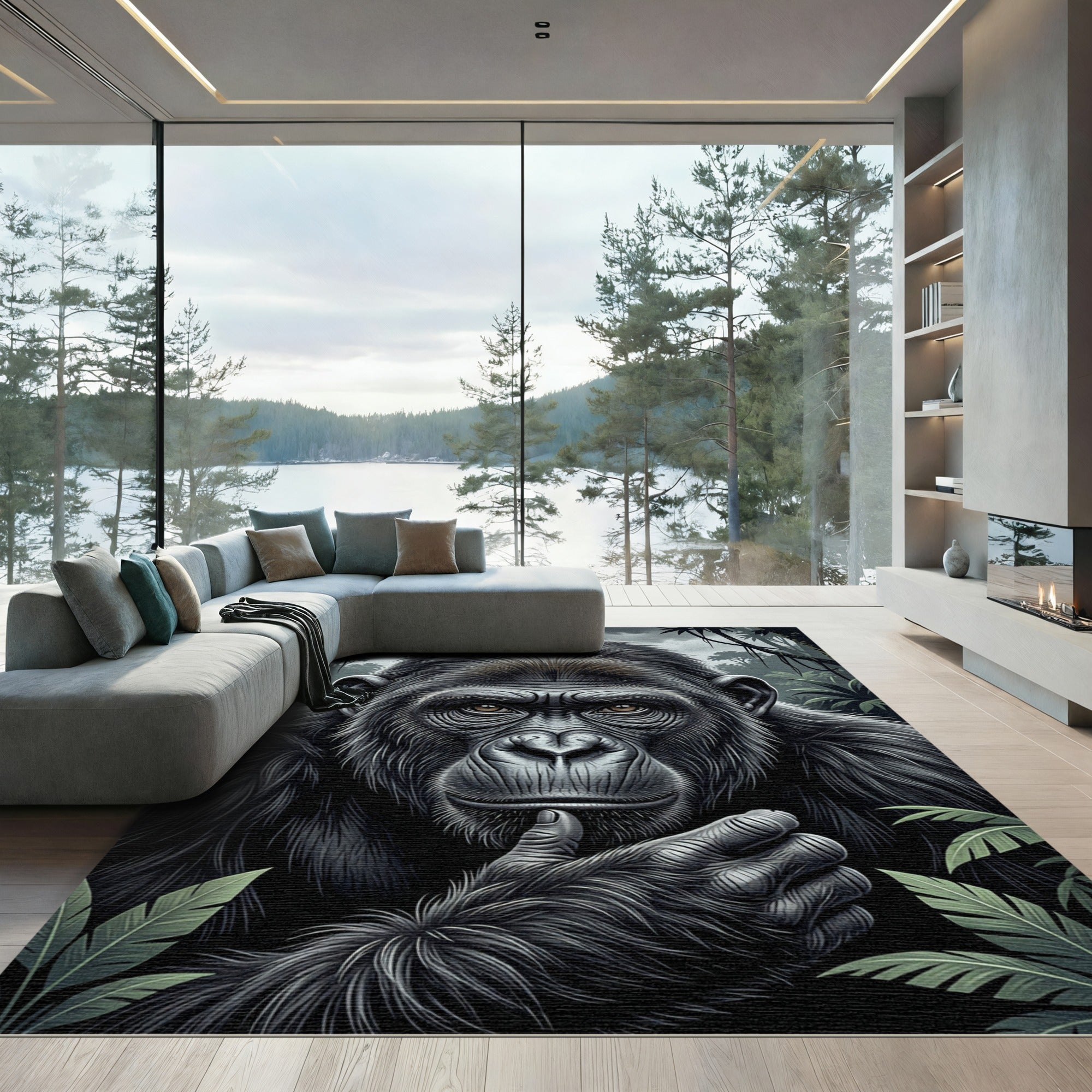 Thoughtful Silver Gorilla Jungle Portrait Rug
