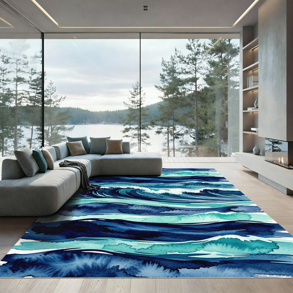 Watercolor Navy Blue And Teal Waves Rug