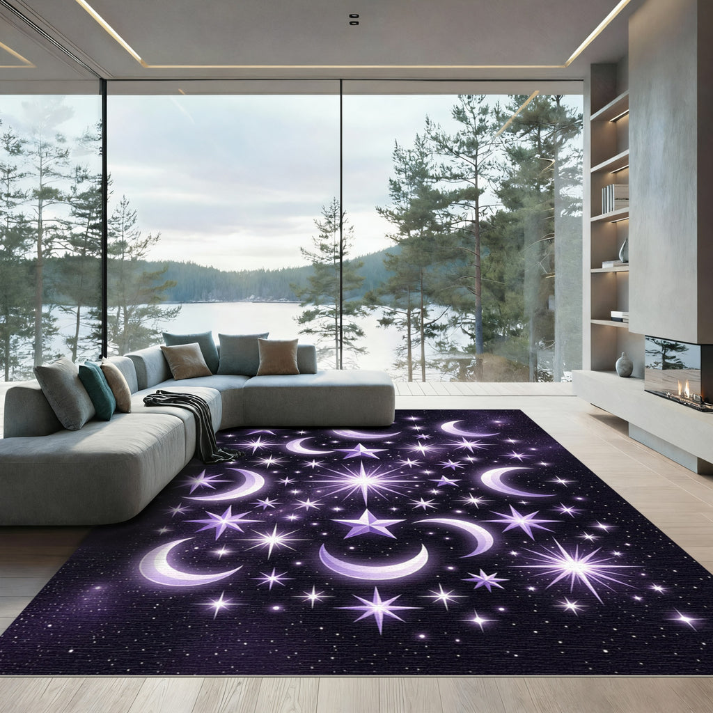 Celestial Purple Crescent Moon Starry Sky Rug