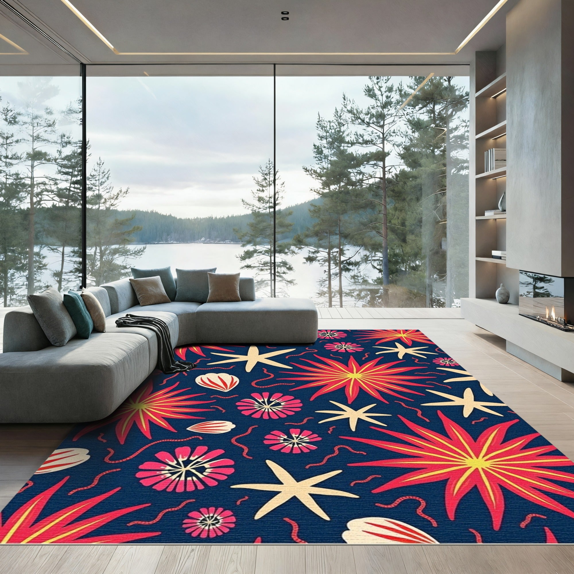 Crimson Starfish Shell Coral Background Rug