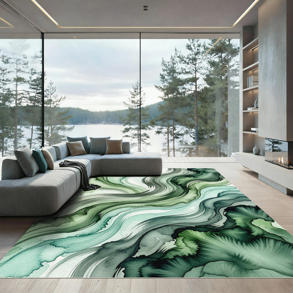 Ethereal Emerald Flowing Abstract Wave Rug