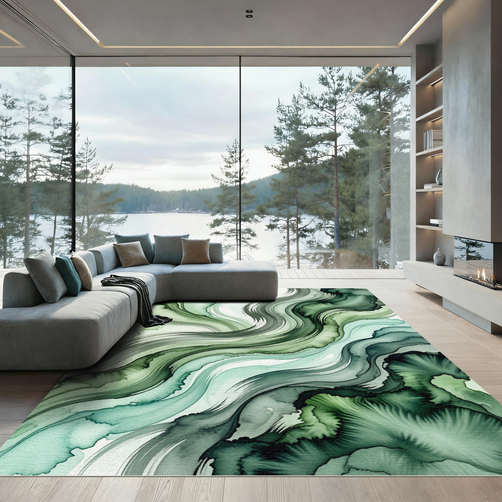 Ethereal Emerald Flowing Abstract Wave Rug