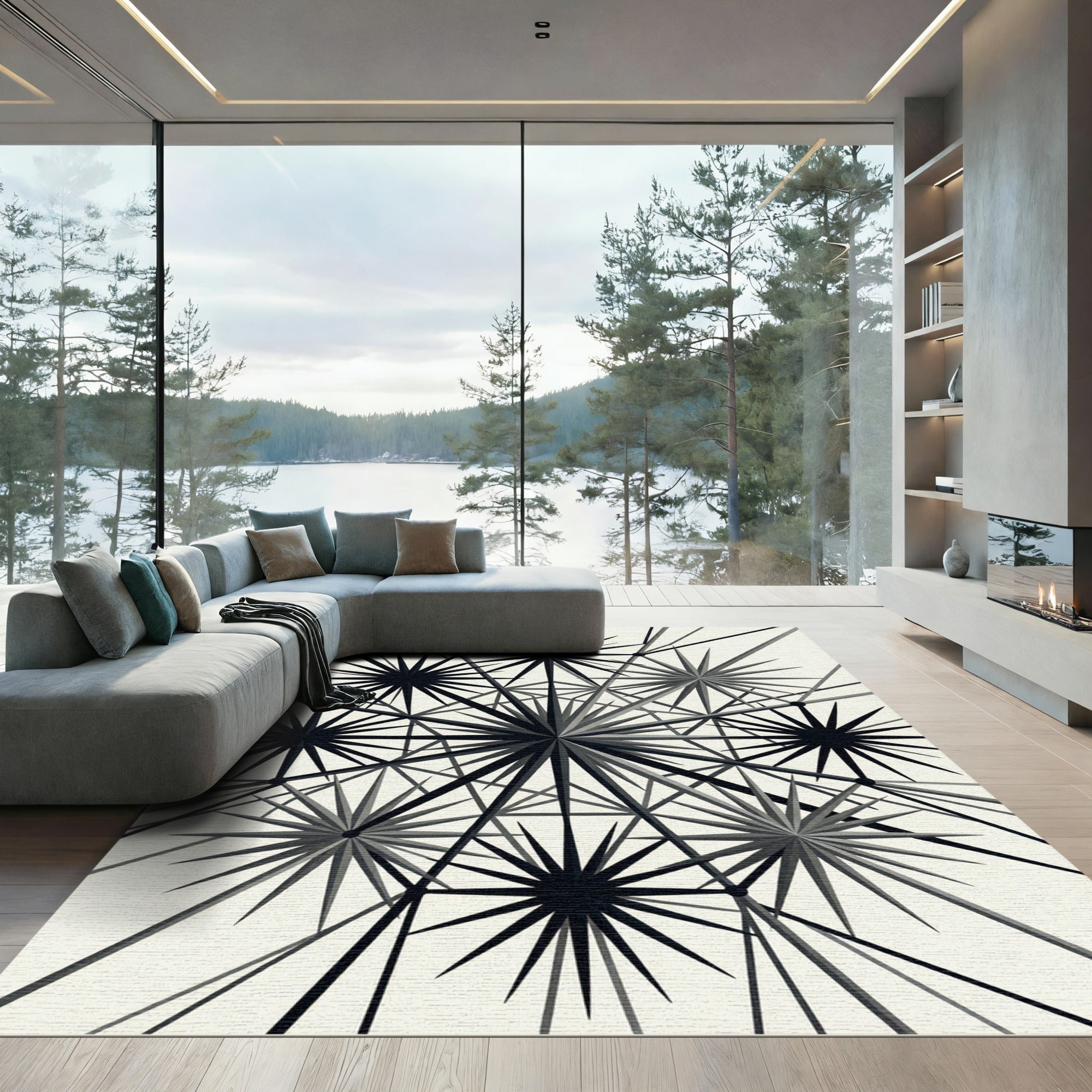 Monochrome Geometric Celestial Starburst Rug