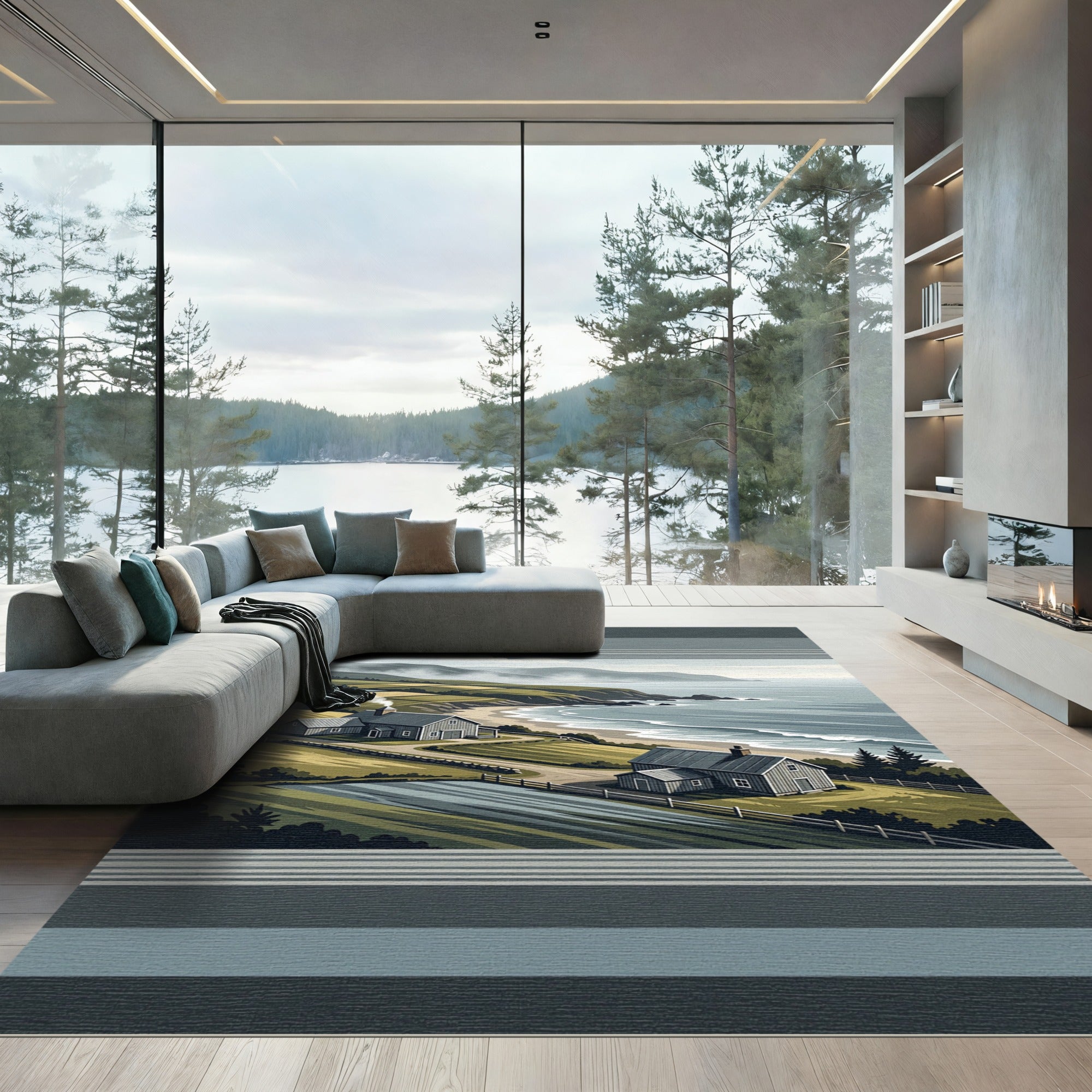 Coastal Farmstead Mountainscape Horizon Scene Rug