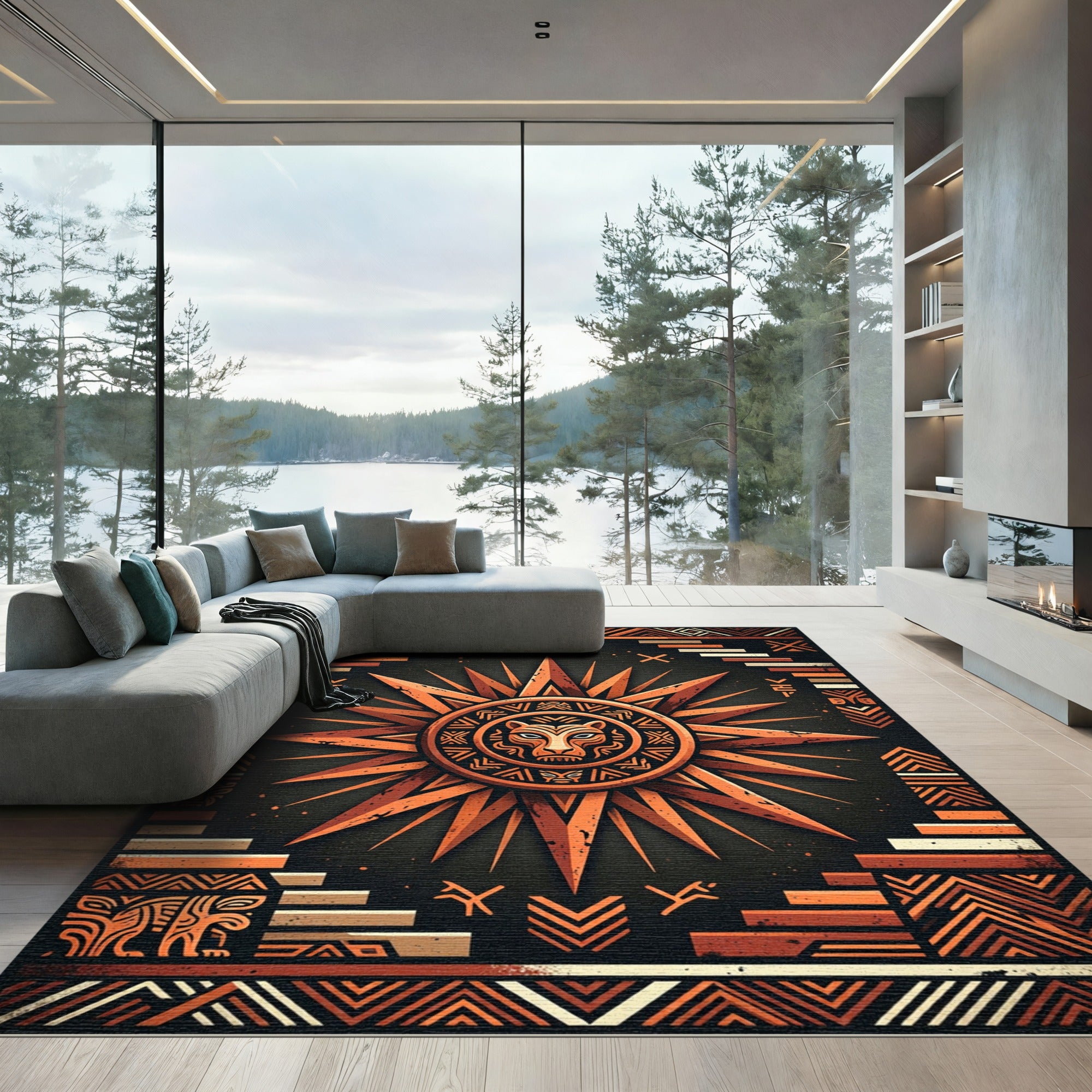 Orange Sun Tribal Folk Art Rug