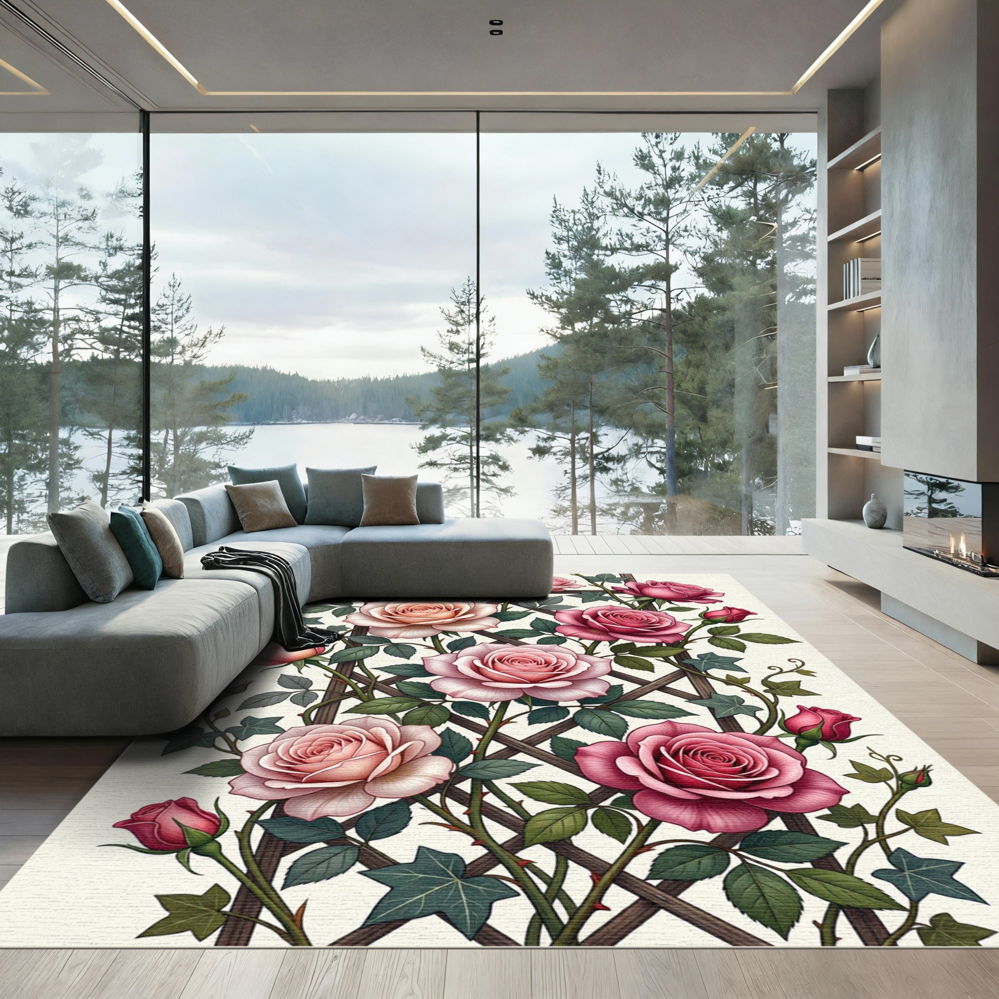 Romantic Pink Rose Floral Trellis Rug