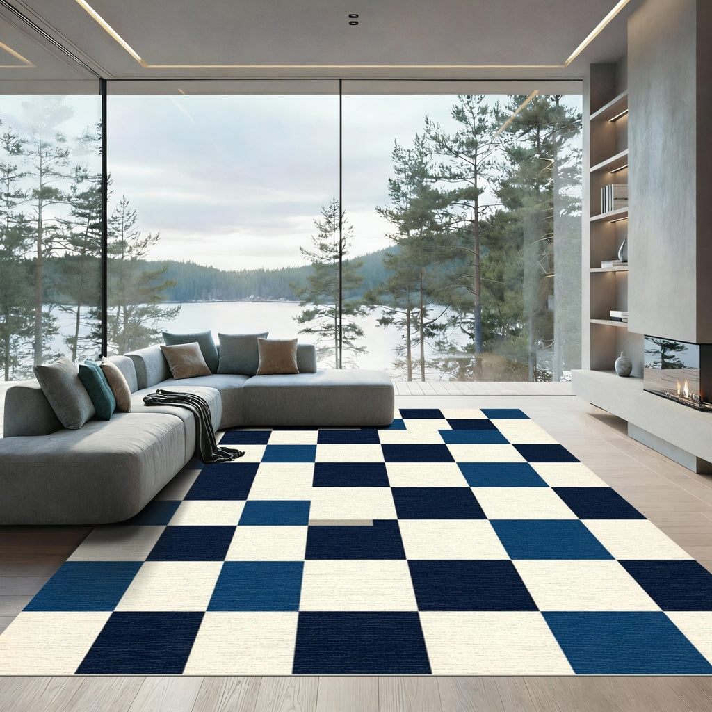 Navy Blue White Checkerboard Squares Rug