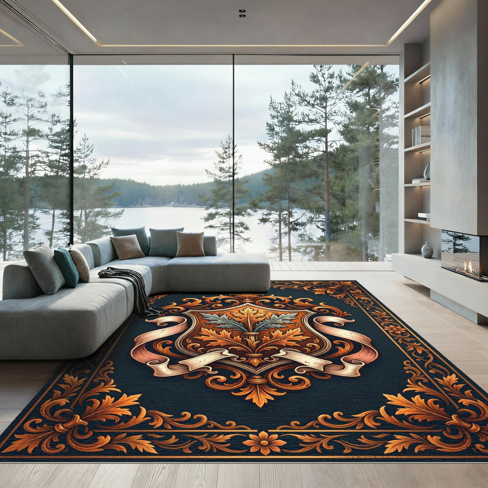 Ornate Gold Laurel Crest Background Rug