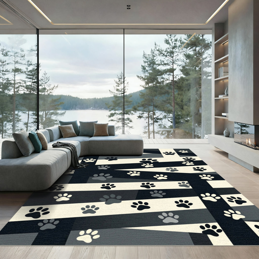 Modern Monochrome Paw Print Stripe Rug