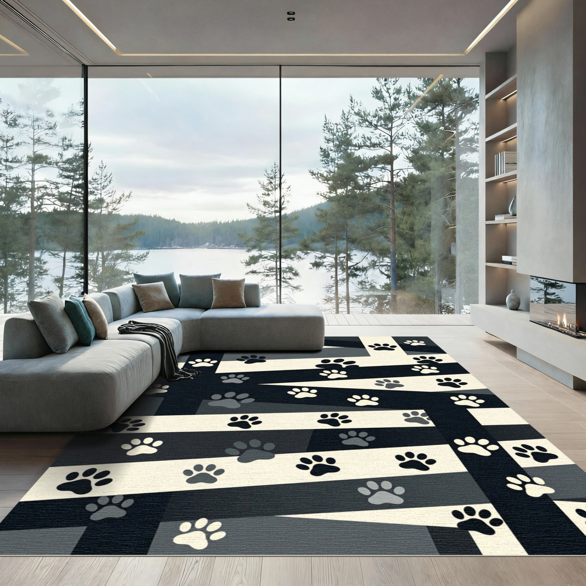 Modern Monochrome Paw Print Stripe Rug