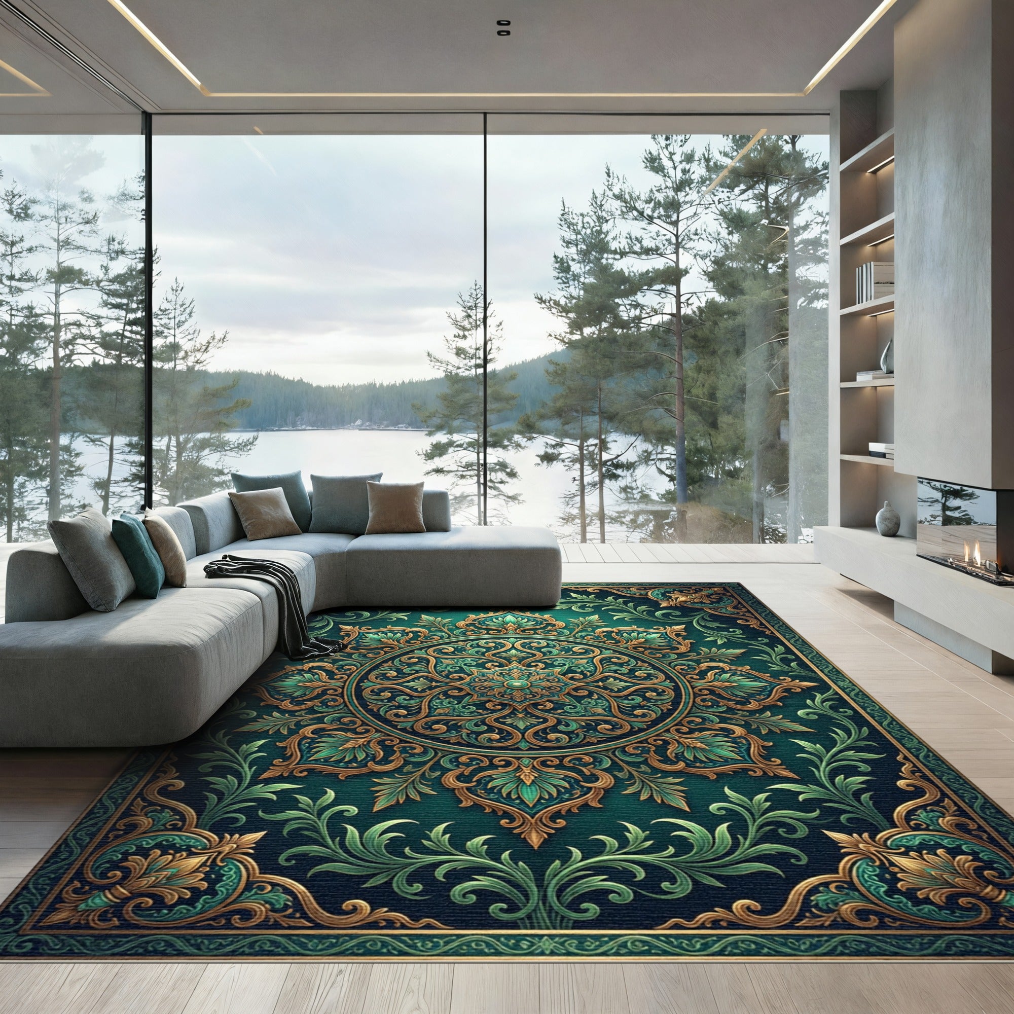 Emerald Ornate Filigree Floral Medallion Rug