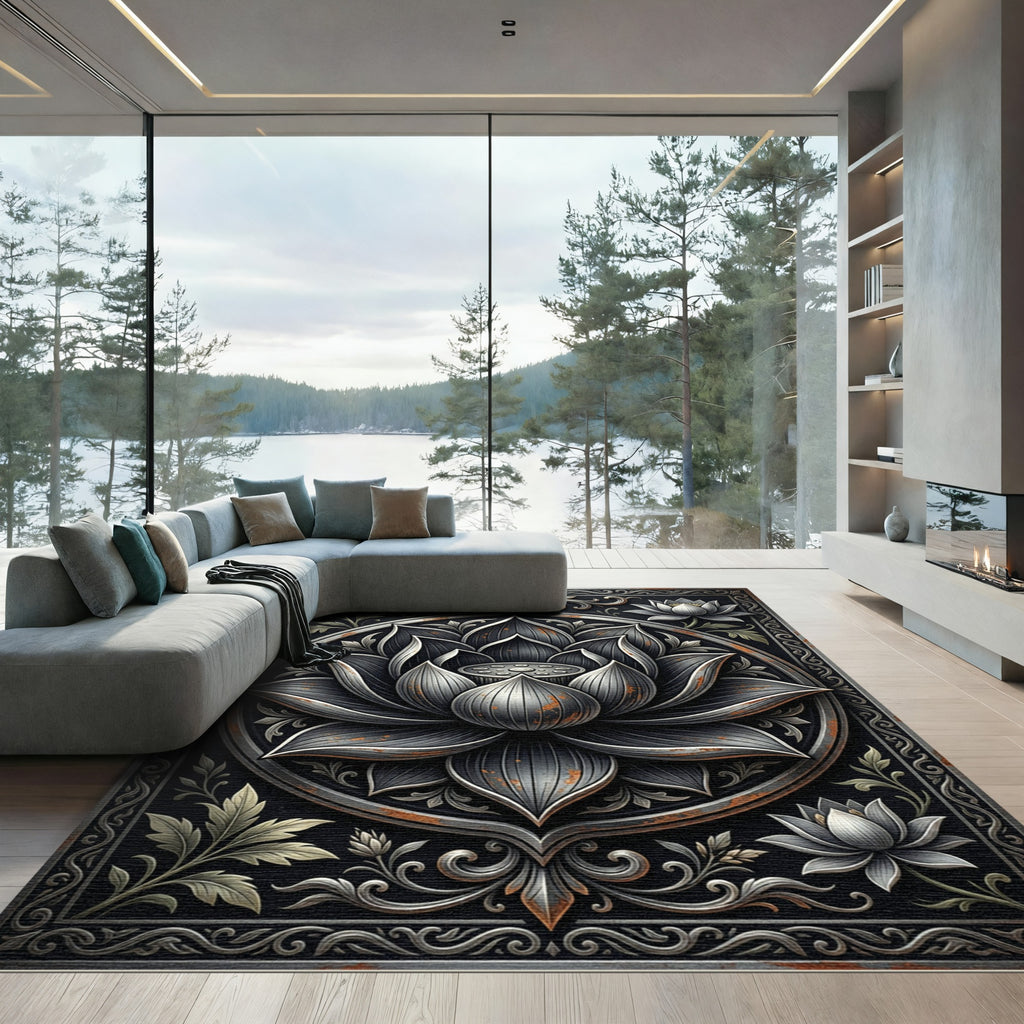 Metallic Silver Lotus Mandala Floral Art Rug
